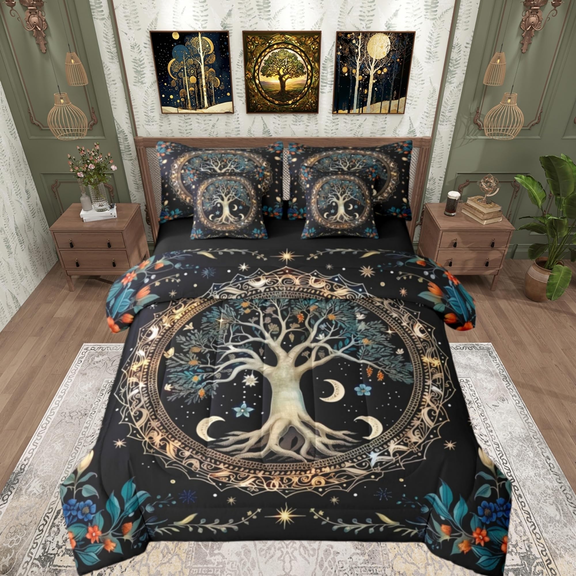 Castle Fairy Tree of Life Bedding King Size 7 Pcs,Boho Sun Moon Galaxy Bed Set for Kids Girls Leaves Flowers Comforter Set,Black Kahki Teal Bed in a Bag with Comforter,Sheets,Pillowcases