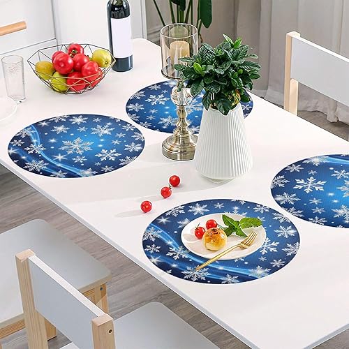 Miniatura 6 de Kcldeci Juego de 1 manteles individuales para mesa de comedor, diseño de copo de nieve de Navidad, color azul, manteles individuales redondos para