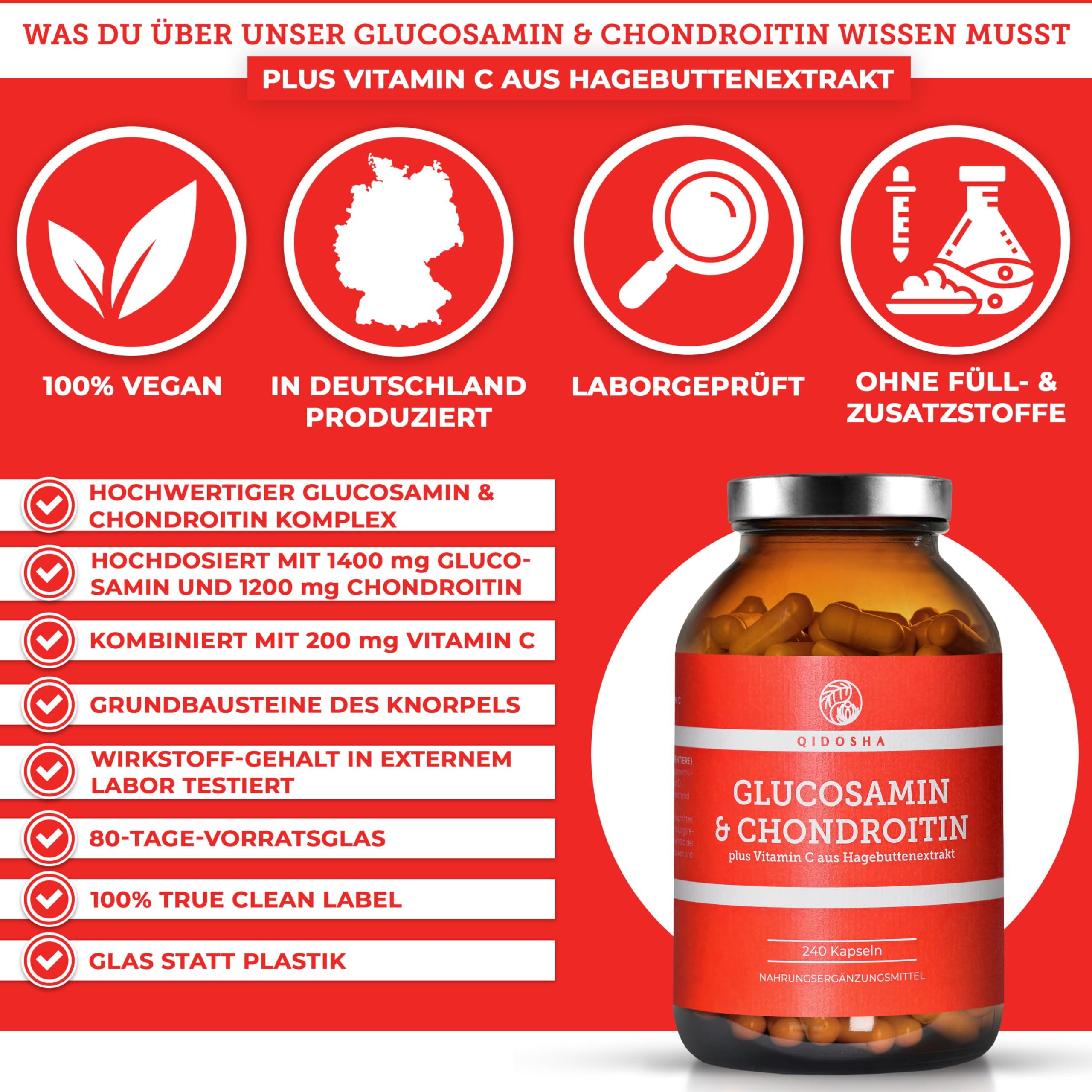 QIDOSHA® Glucosamin & Chondroitin plus Vitamin C, 240 Kapseln, jede Charge laborgeprüft, deutsche Fertigung, 1400mg Glucosamin, 1200mg Chondroitin & 200mg Hagebuttenextrakt je Tagesportion (3 Kapseln)