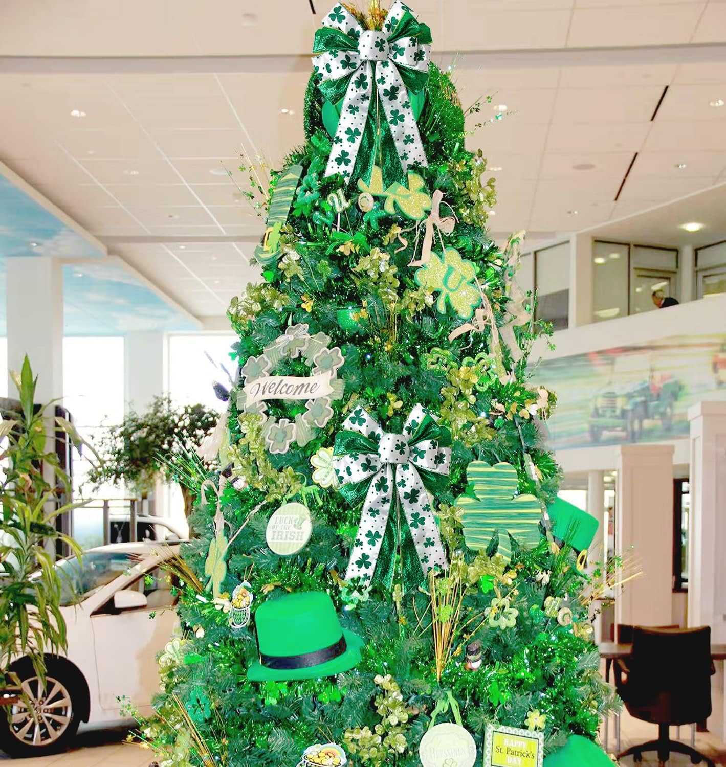 St Patricks Day Bow for Wreath Decorations,11.4 * 19.6in Large White Green Glitter Shamrock Bowknot Irish Holiday Crafts Bows for Tree Topper Front Door Outdoor Outside - Image 5