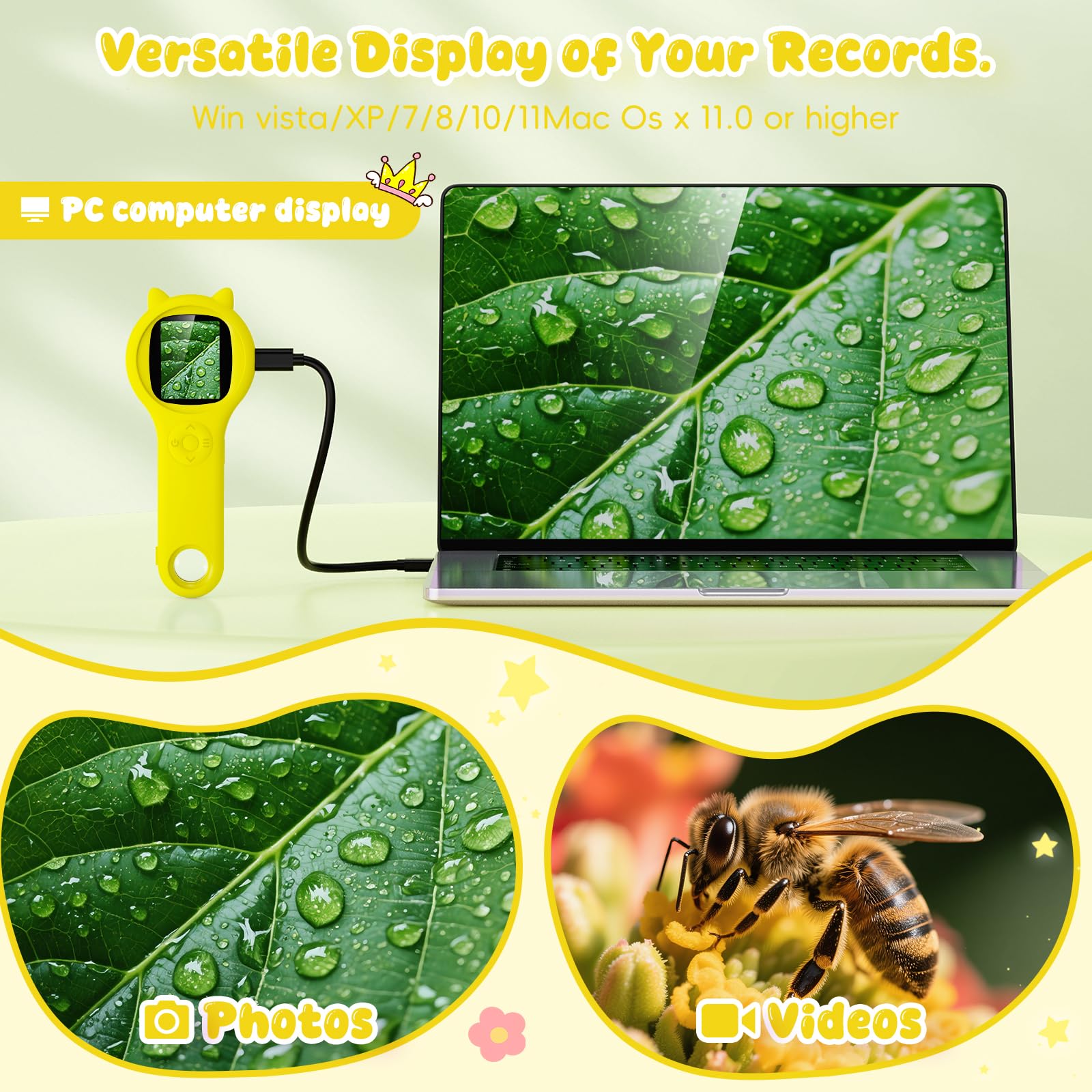 Microscopio per bambini 200X- 2 Pollici Microscopio Portatile con 8 LED Regolabili, MicroscopioDigitale Supporta la Registrazione di Foto e Video, Regalo di Natale per Bambini dai 3-12 Anni (Giallo)