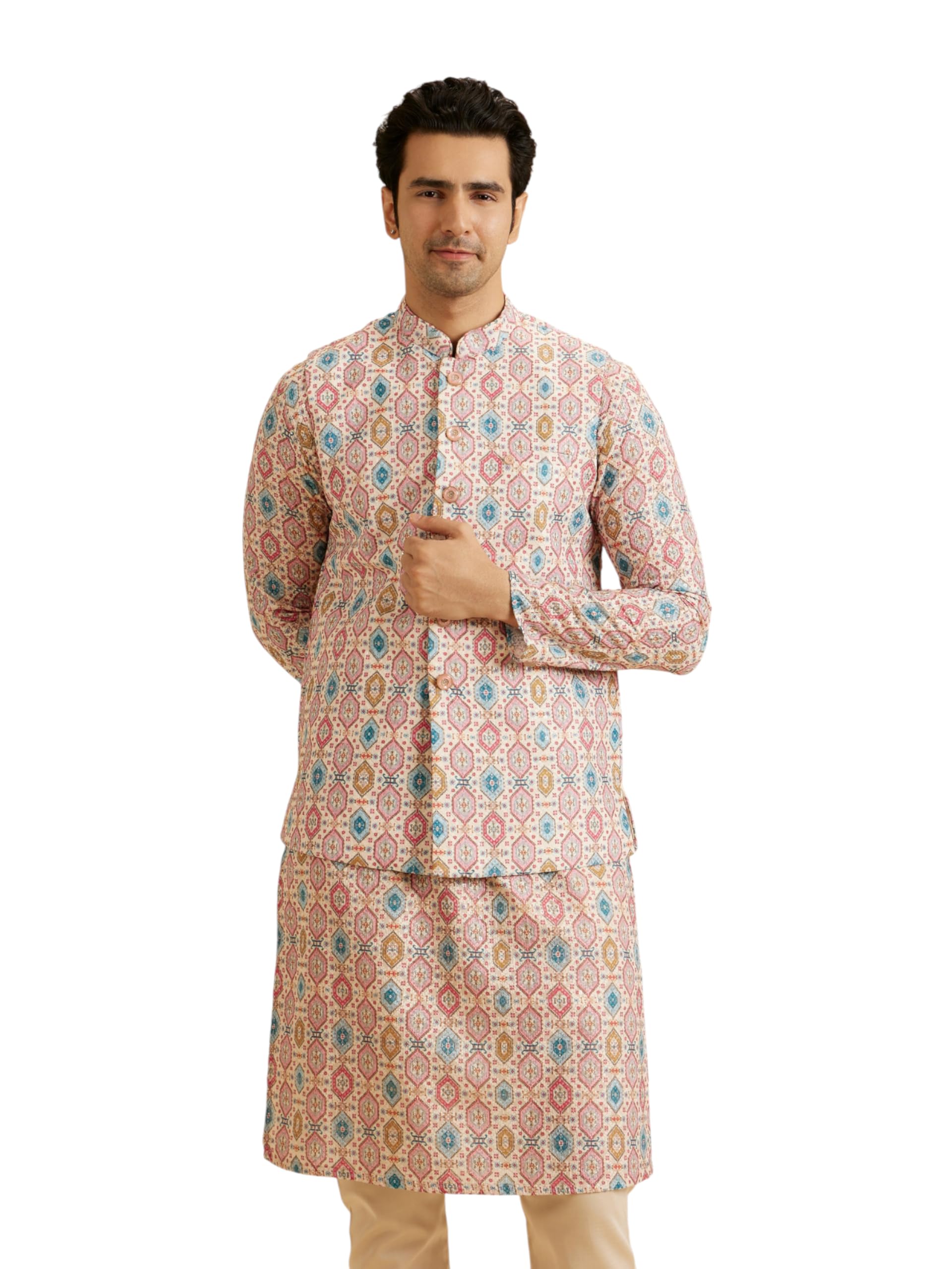 manyavar Men's Blended Cotton Printed Sleeveless Traditional Nehru Jacket (1pc)-picture-26