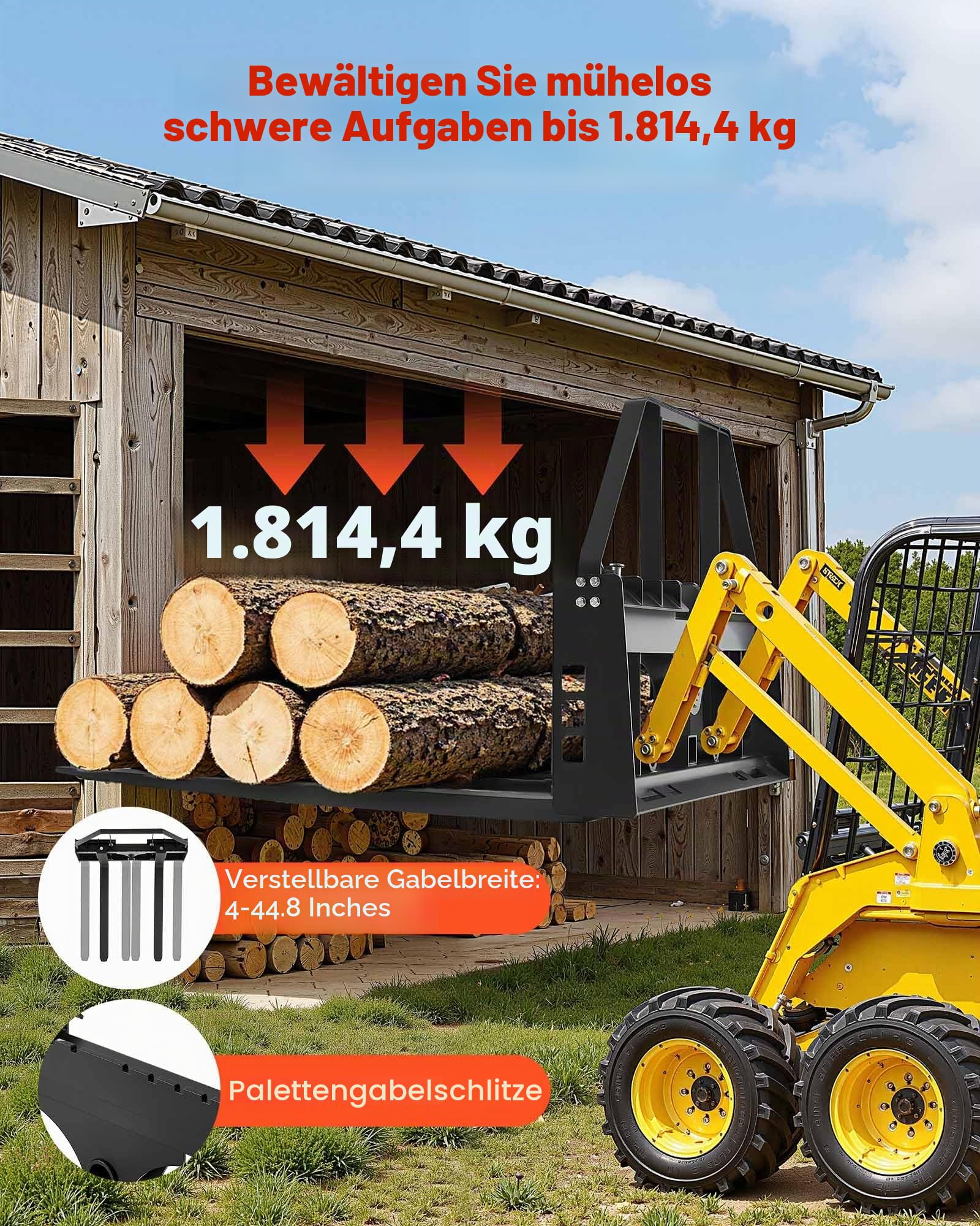 VEVOR Schnellbefestigung 1814 kg, Palettengabelrahmenaufsatz mit 1065 mm Palettengabeln, Gabelstaplerklingen, 50,8 mm Anhängerkupplung & Speerhülsen, passend für Kompaktlader, Traktoren