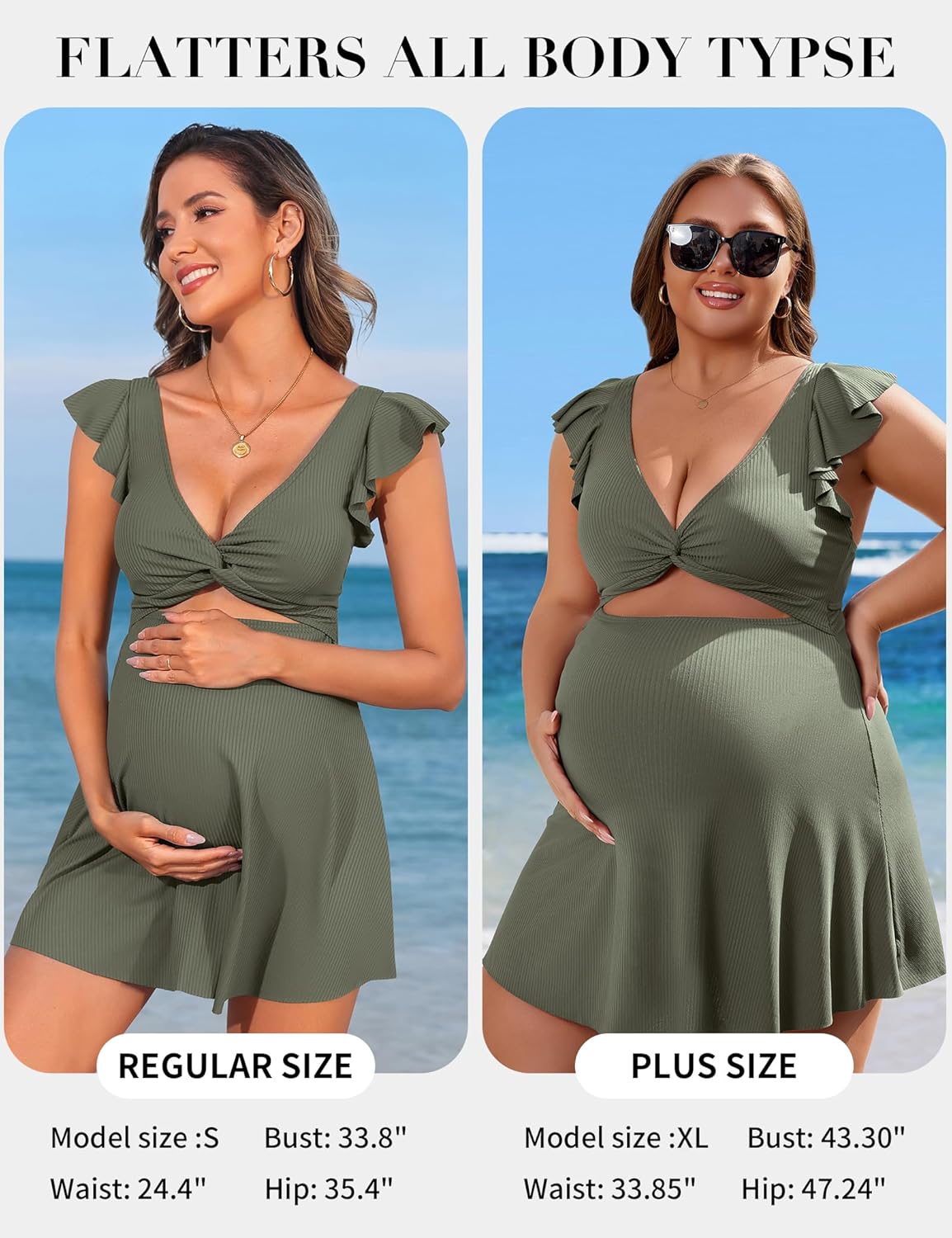 Charmo Ruffle Ribbed Maternity Swimsuit One Piece Cutout Pregnancy Bathing Suits Push Up Twisted Swimwear Swim Dress - Image 5