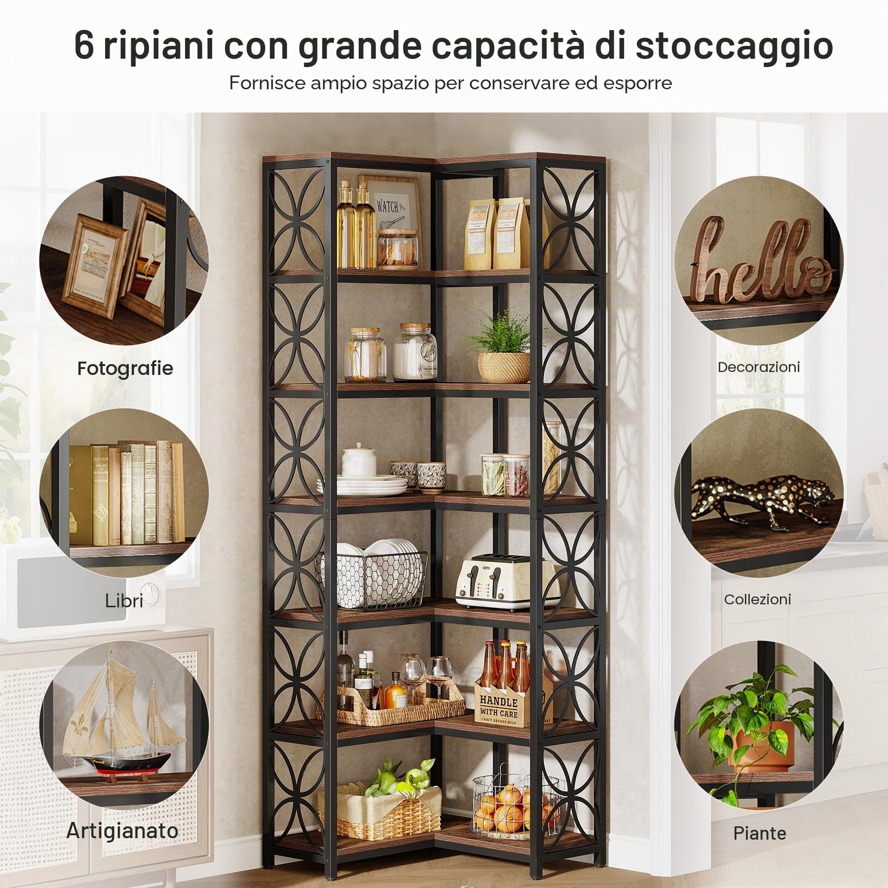 Tribesigns Libreria Angolare da 200 cm, Scaffale Angolare a Forma di L in Legno con 7 Ripiani, Stile Industriale, Angoliera Soggiorno per Soggiorno, Cucina, Ufficio, Marrone Rustico e Nero