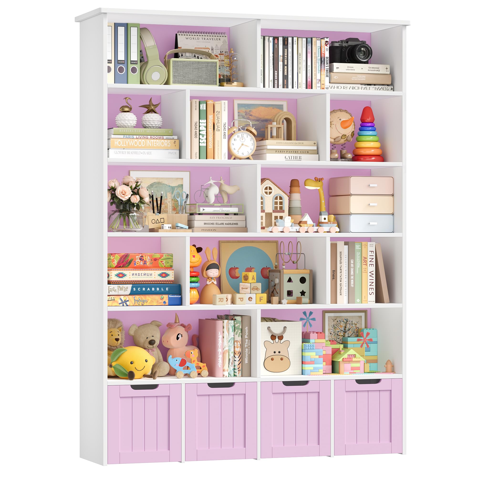 FOREHILL Kinderregal 6 Ebenen, Kinderzimmer Möbel, Bücherregal für Kinder | Kinderschrank mit Boxen auf Rollen, Spielzeug Aufbewahrung für Kinderzimmer, Kindergarten, Leseecke 175x33x125,5cm Flieder