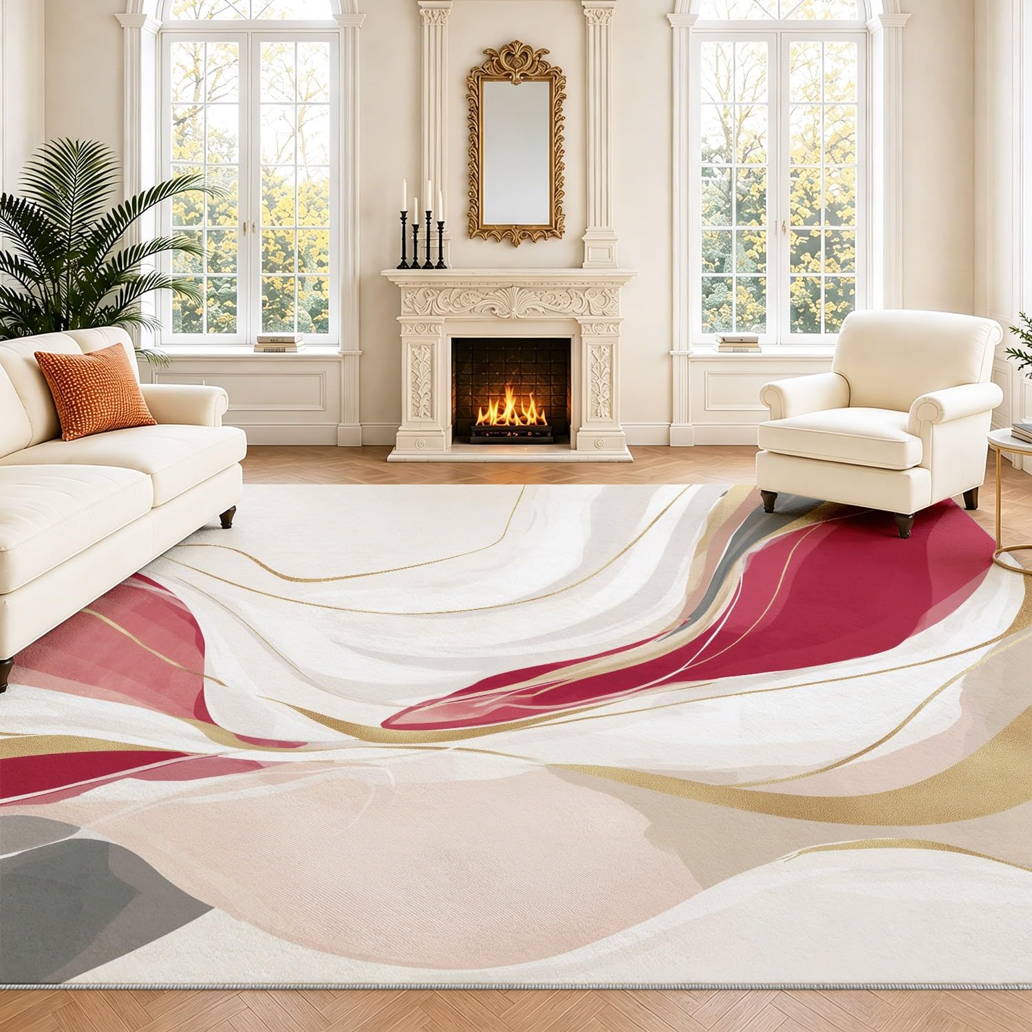 Generisch Abstrakt Marmorstruktur Teppich, Luxus Spirale Linie-Waschbarer Kurzflorteppich, Antirutschunterlage, Bodenteppich für Wohnzimmer Schlafzimmer Küche Esszimmer, 80 x 120 cm Beige