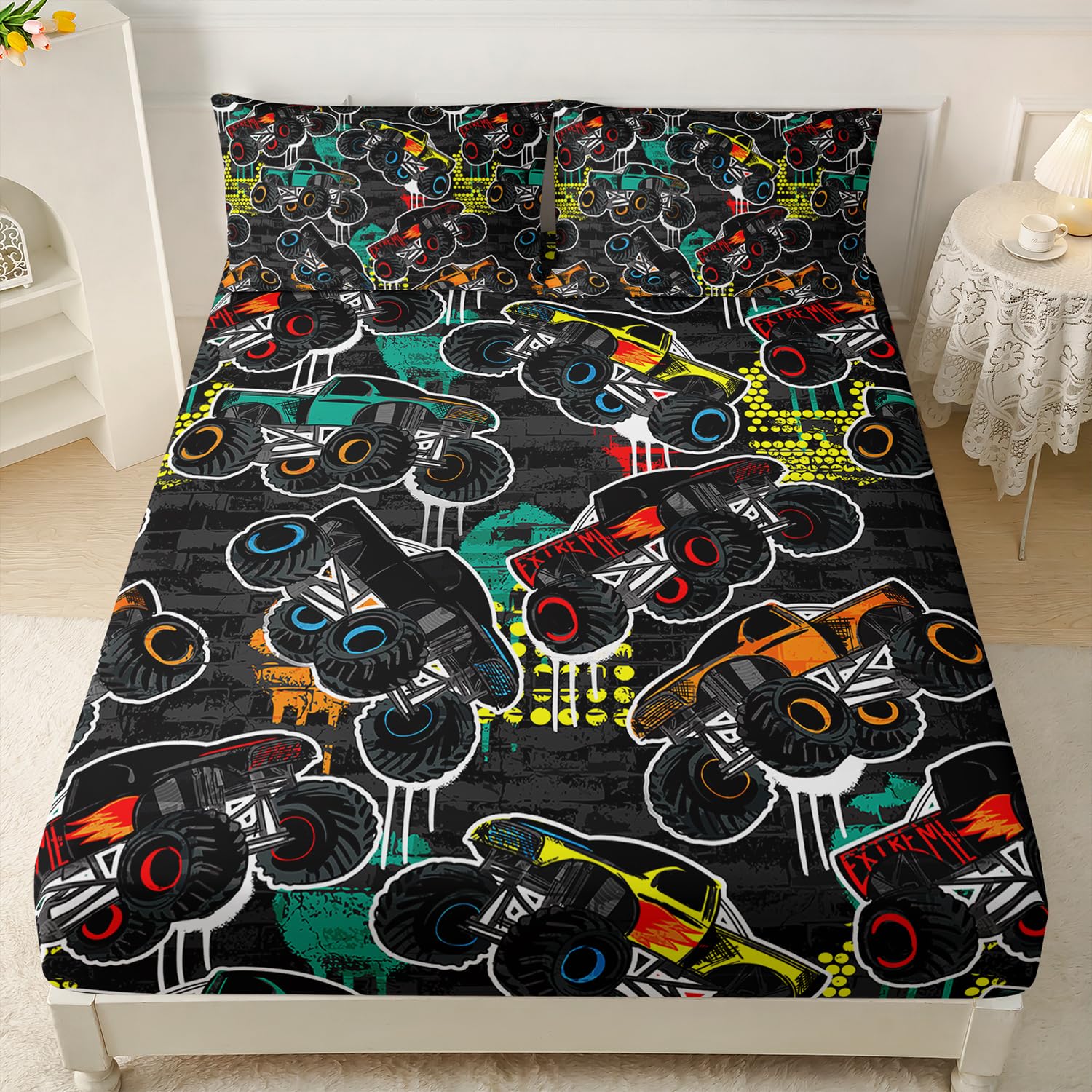 AILONEN Truck Fitted Sheet Set Twin Size,Colorful Monster Truck Bed Sheet Set for Kids,Boys,Teen,3-Pieces Jam Truck Soft Sheet Set for Bedroom Decor,1 Fitted Sheet with 2 Pillowcases