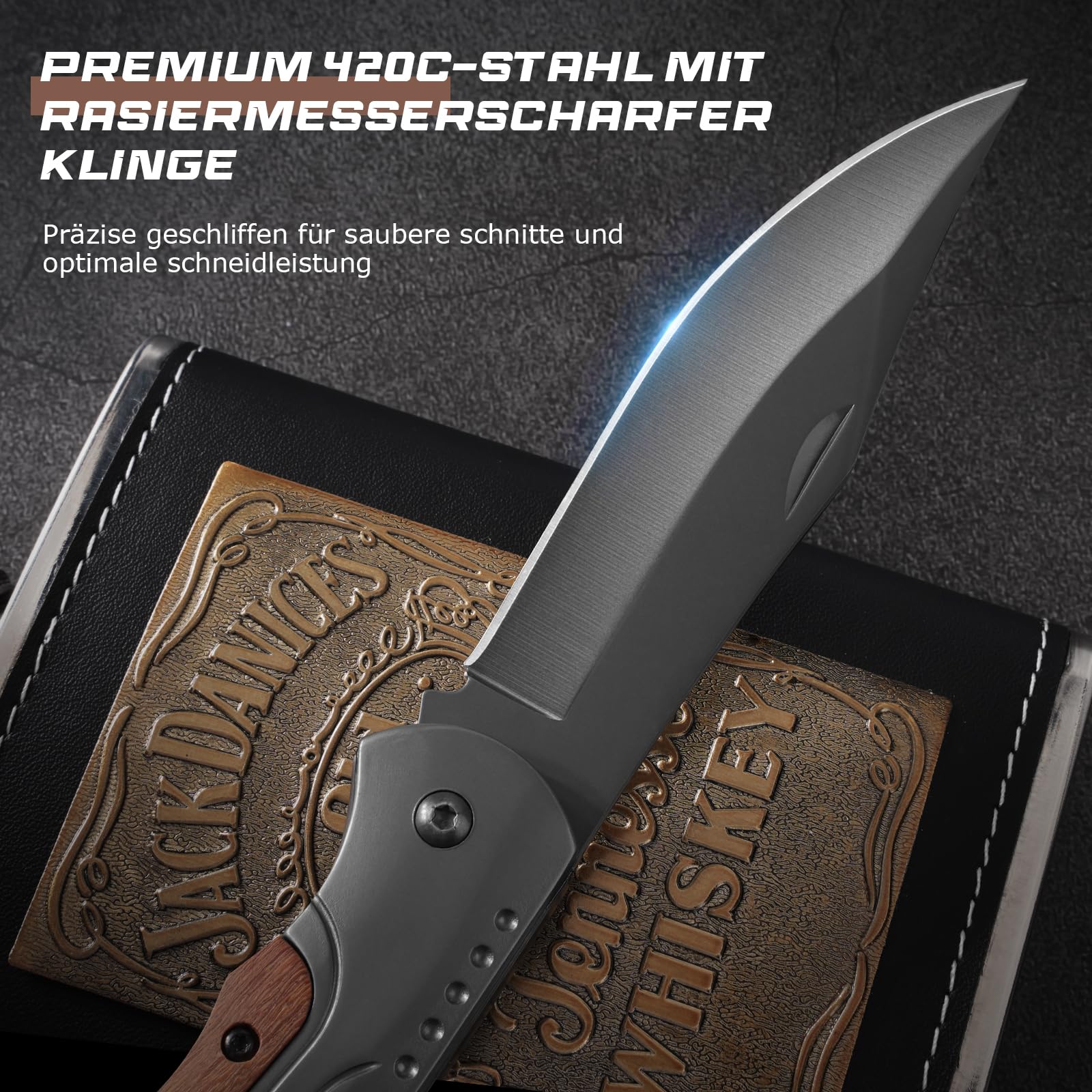 DRACHENADER Zweihand Klappmesser A-11, Zweihandmesser 42a Konform, Zweihandmesser aus 420C-Stahl, EDC Taschenmesser mit Clip und Nylon-Tasche, Holz und Aluminiumgriff