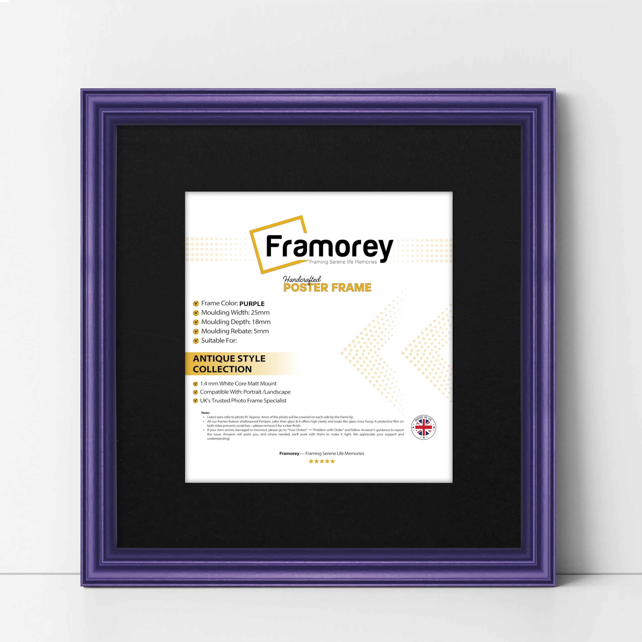 Framorey Framing Serene Life Memories Purple With Black Mount Framorey Square Photo Frames, 10X10" Size Purple Picture Frame With 8X8" Size Black Mount, Lw Antique Style Home Wall Decor Frames, Wall Hanging Art Poster Frames, Mdf Wood Frames