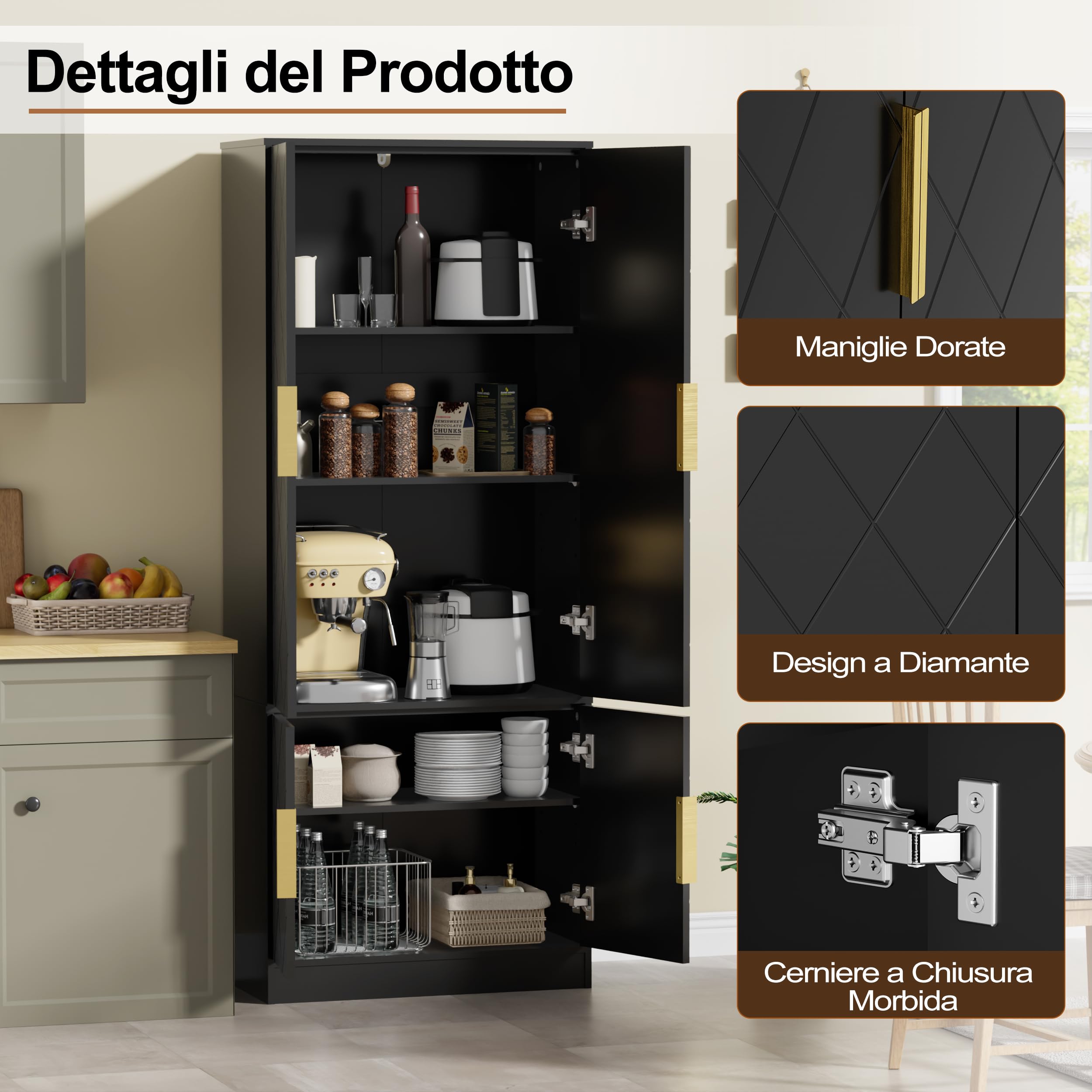 UEV Credenza Cucina Alta 150CM Design Diamante, Armadietto Highboard con 4 Ante, Grande Spazio di Archiviazione, Armadio Buffet Cucina Sicuro con Design Antiribaltamente, 60 x 30 x 150 cm, Nero