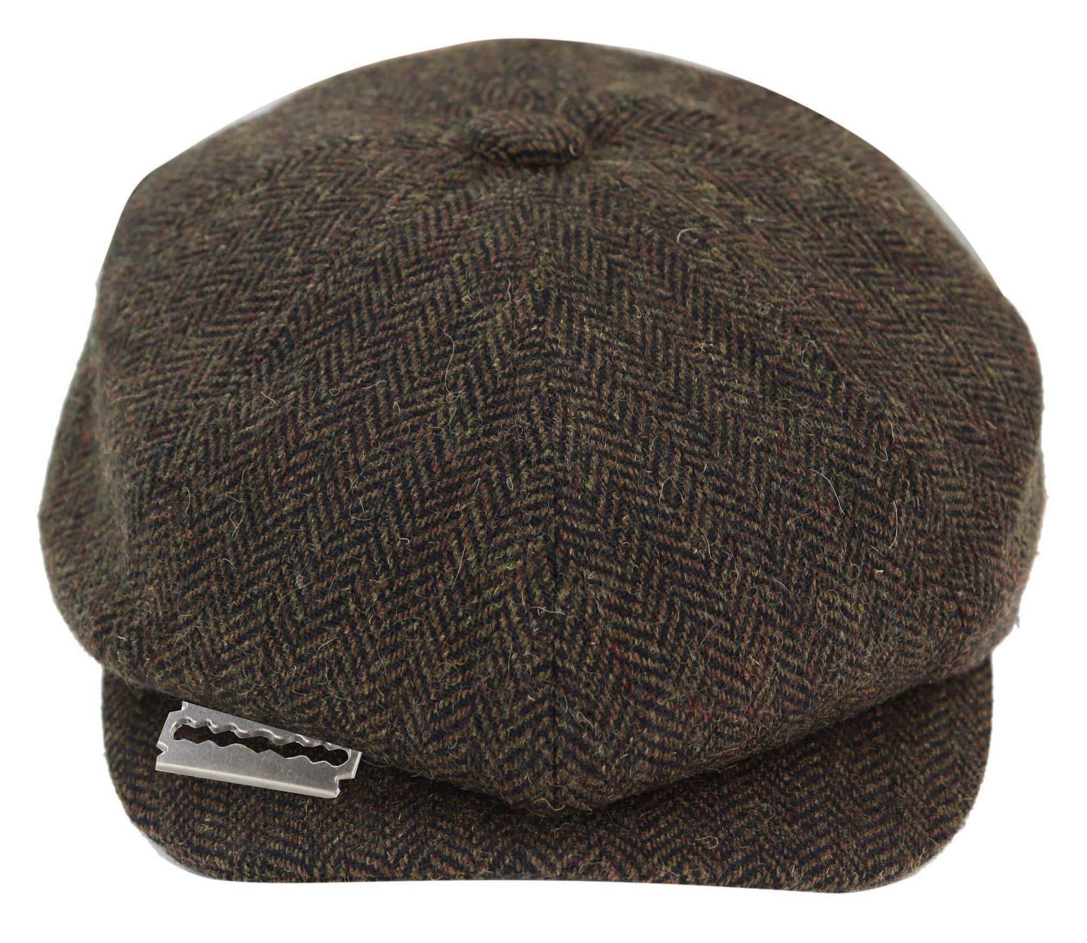 Infinity Leather Mens Peaky Blinders Tweed Hat With Razor Blade - Brown - Size X-Large