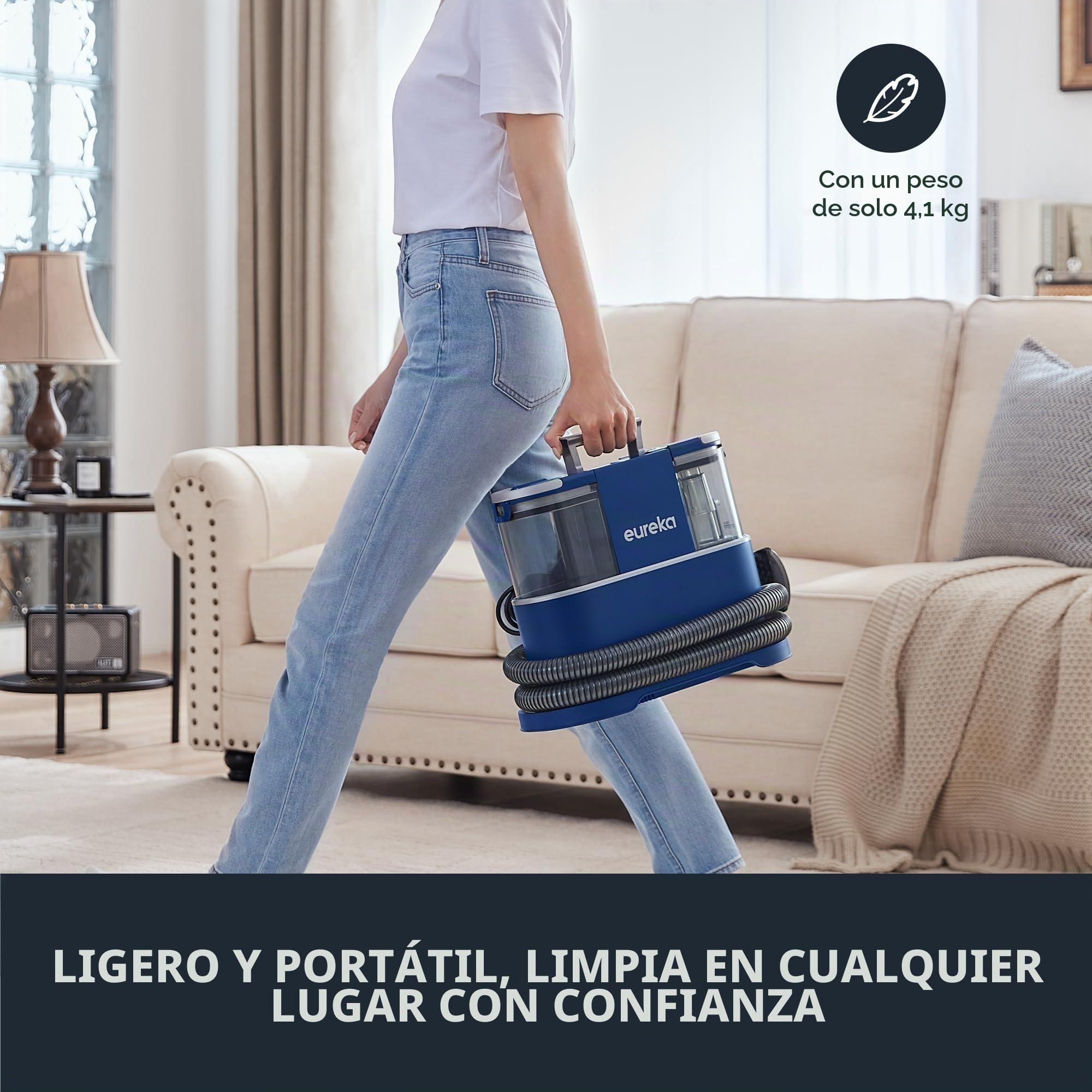 Eureka Aspirador de alfombras, Limpiador de Manchas Multisuperficie para Alfombras, Moquetas, Tapicería, Escaleras y Coche, Depósito de Agua Grande de 1.5 L, NEY100 con Fórmula Limpiadora, Azul