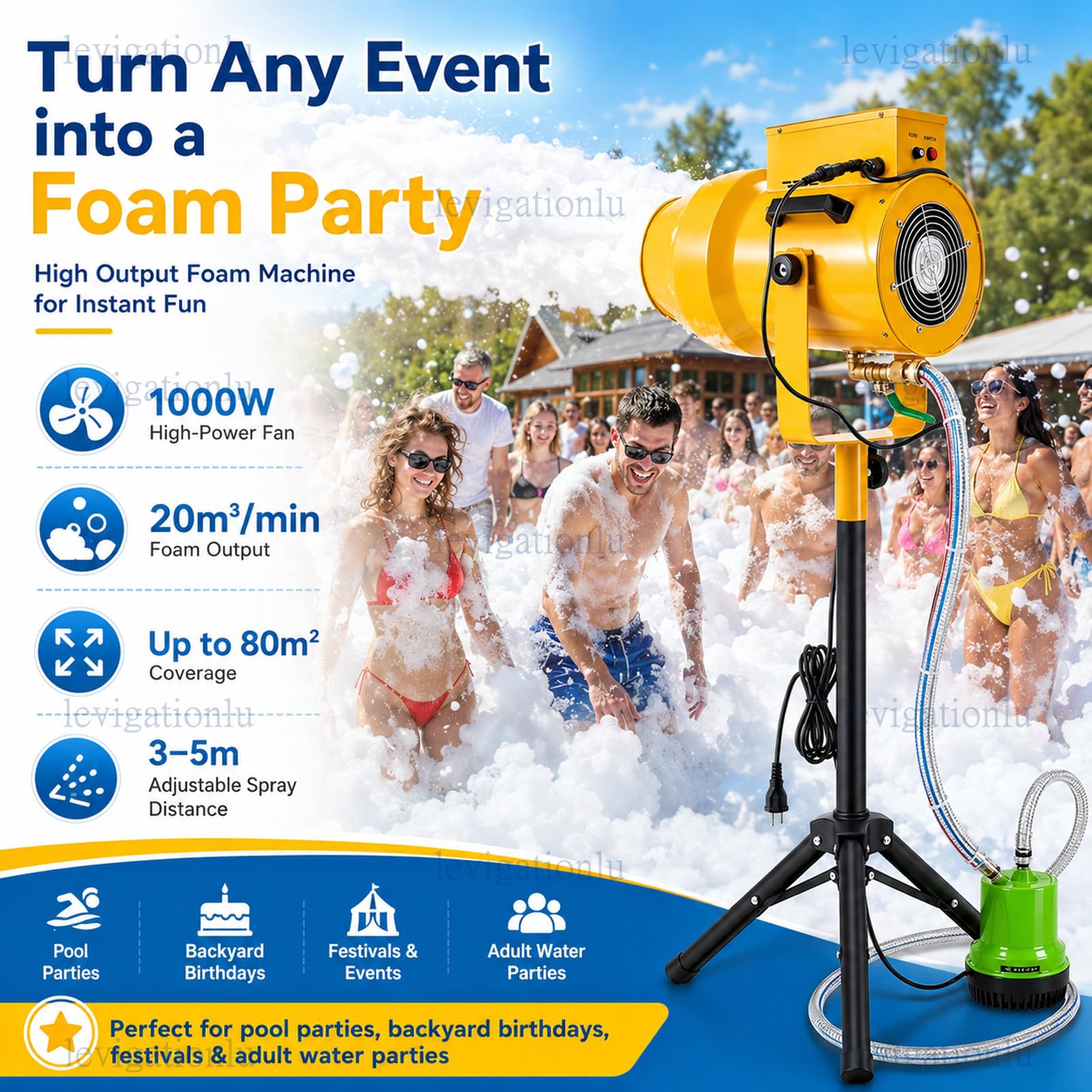 Máquina de Espuma 1000W para Fiestas – Cañón de Espuma con Alcance de 5 m y Producción de 20 m³/min, Maquina Espuma para Pool Parties, Cumpleaños y Festivales