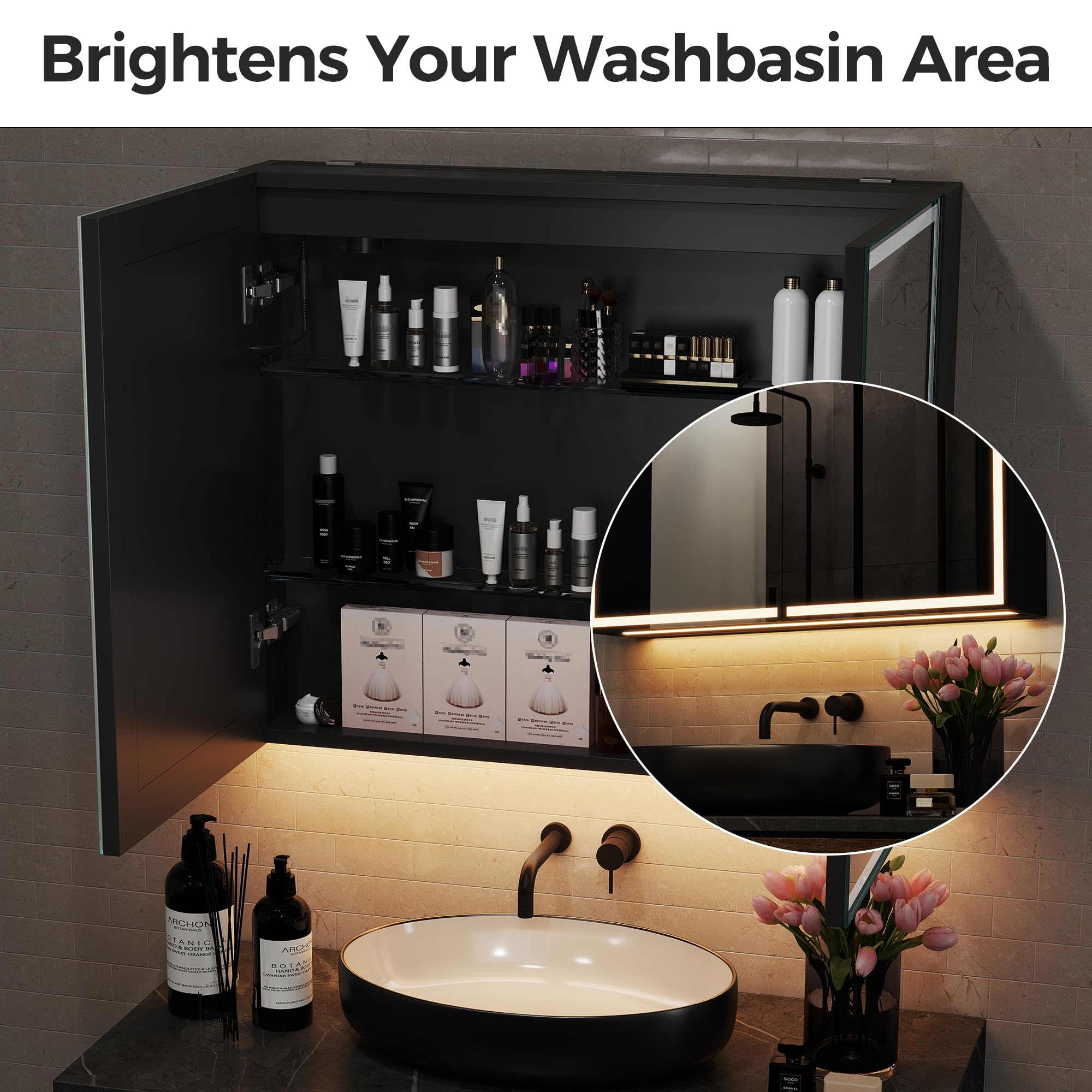 STARLEAD Armadietto a specchio da bagno con illuminazione a LED, 80 x 60 cm, in alluminio nero opaco, con presa, funzione anti-appannamento, dimmerabile, 3 colori chiari, IP44 e Soft-Close