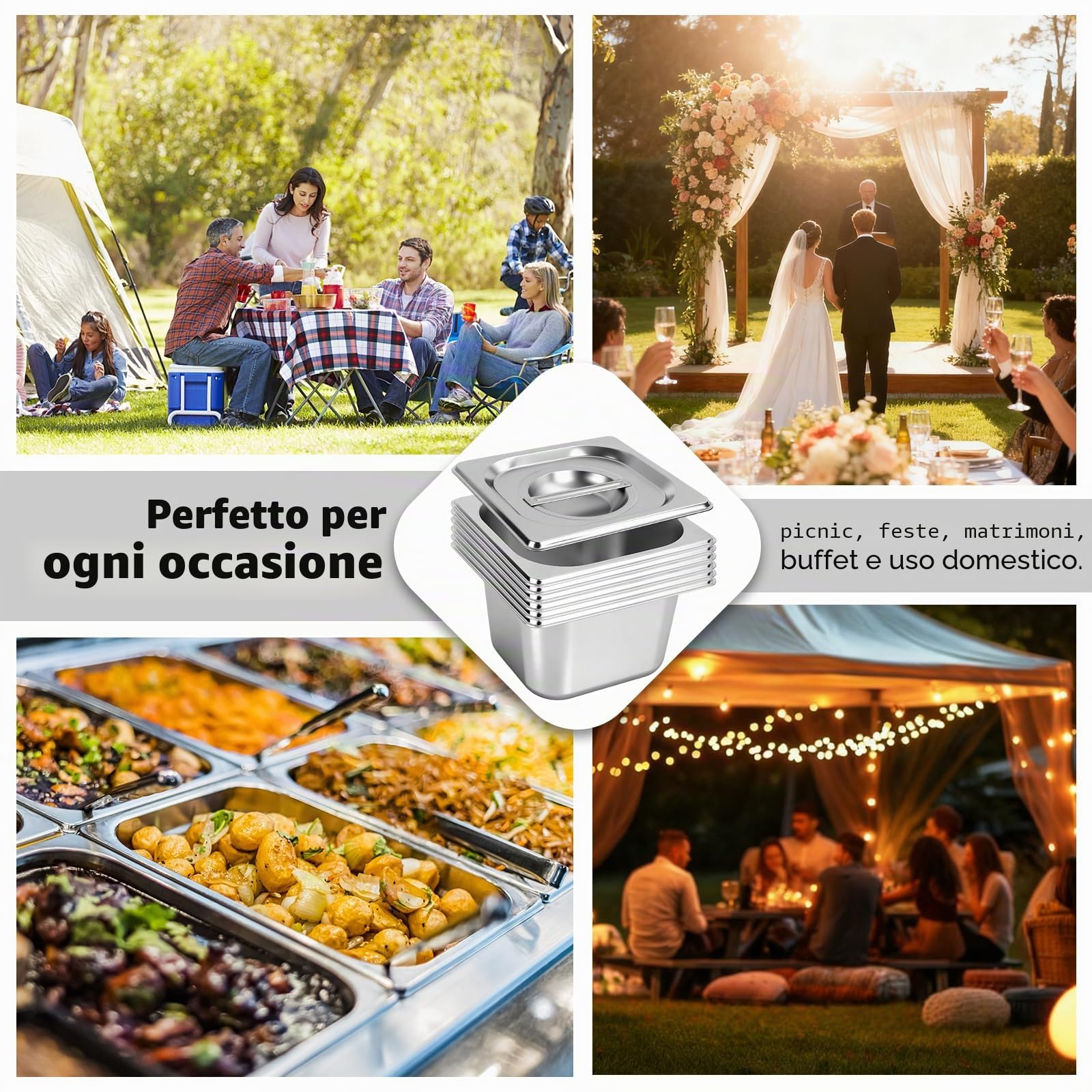 Contenitore GN 1/6, Set da 6 Vasche GN 1/6 in Acciaio Inox | Vaschette Inox da 10 cm di Profondità con Coperchio, Contenitori Gastro Impilabili, Bacinelle per Bagnomaria e Conservazione
