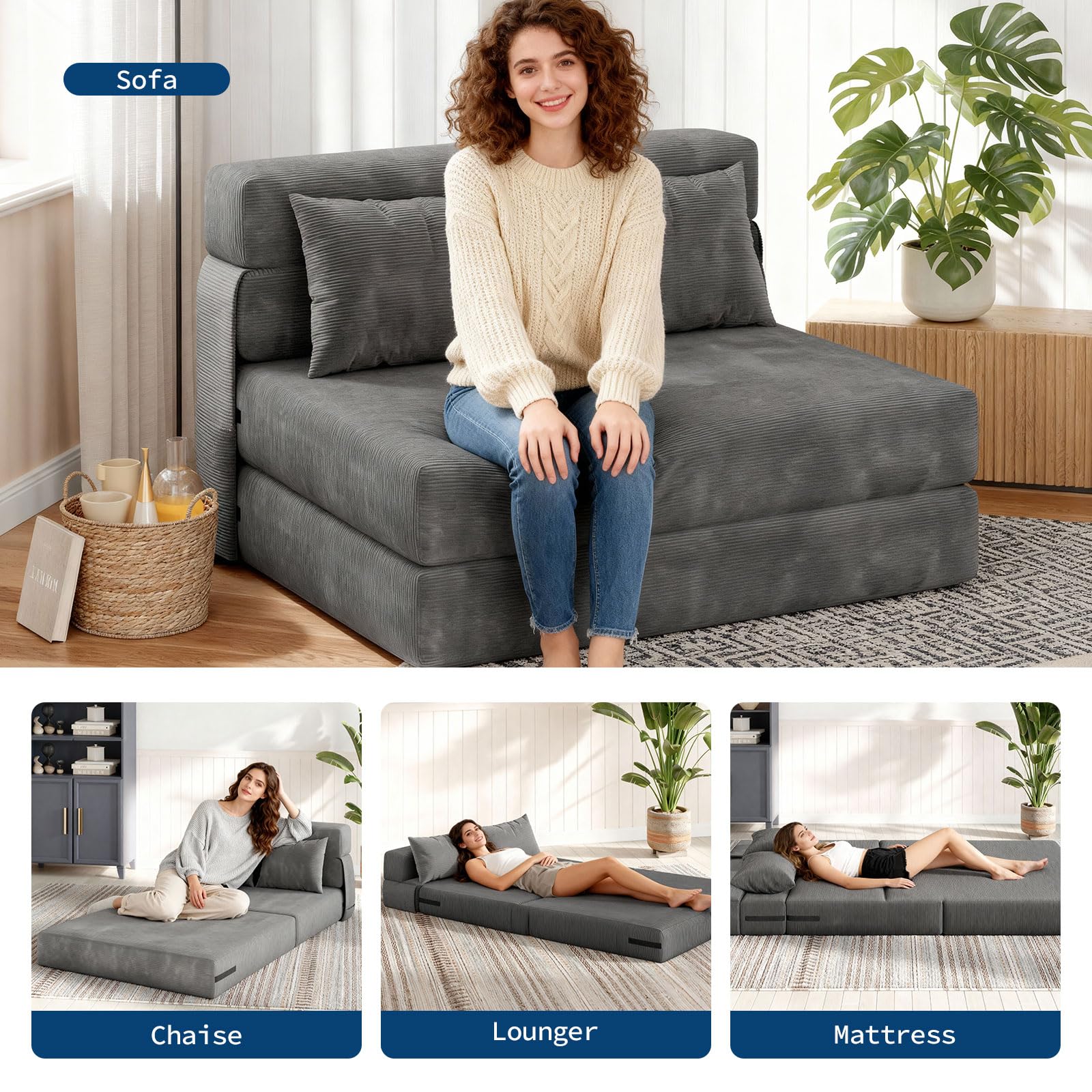 4-in-1 Convertible Folding Sofa Bed Chair with 2 Pillows – Tufted Twin Sleeper Loveseat, Portable Pull-Out Futon Couch, Comfy Floor Lounger with Back Support for Living Room, Bedroom, Guest r