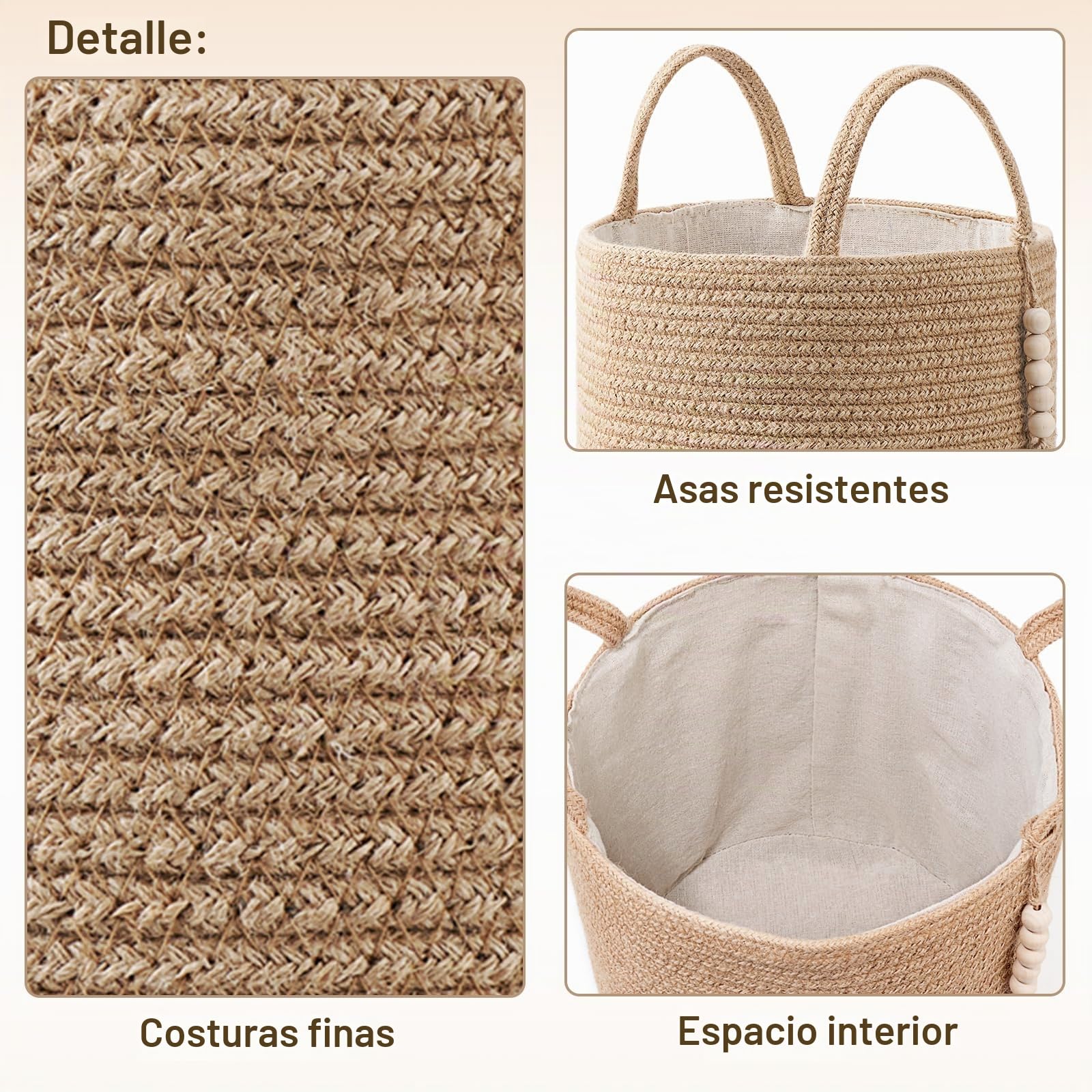 Mkono Cesta de almacenamiento tejida decorativa de cuerda natural, decoración de cuentas de madera para mantas, juguetes, ropa, zapatos, organizador de plantas con asas, sala de estar, decoración del