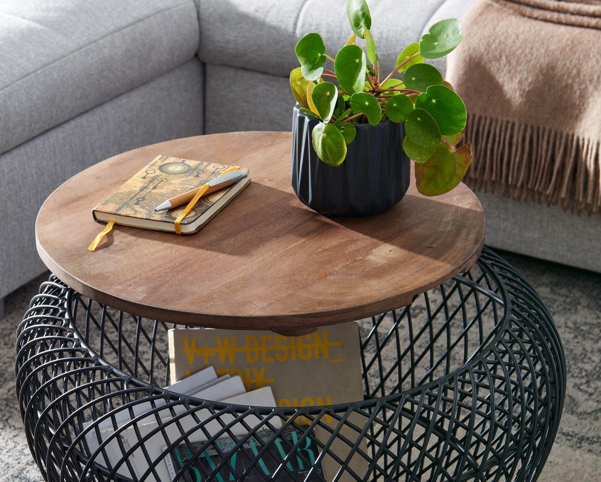 WOHNLING Couchtisch Rund 60x60x45 cm Mango Massivholz Metall Schwarz