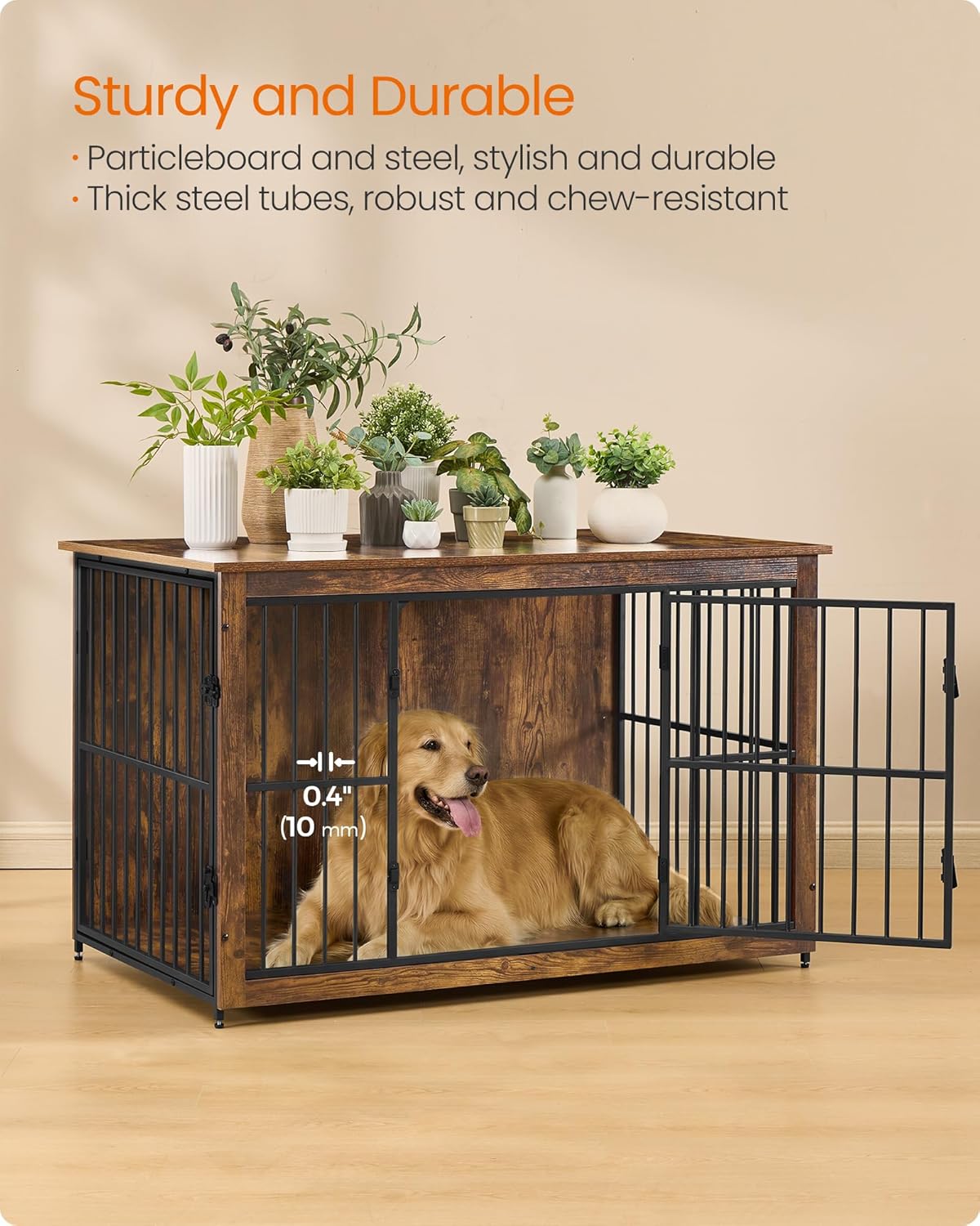Feandrea Wooden Dog Crate Furniture, 48 Inches Heavy-Duty Kennel for Dogs up to 110 lb, with Double Doors and Enclosed Wood Base, Modern Pet Cage End Table Indoor, Rustic Brown