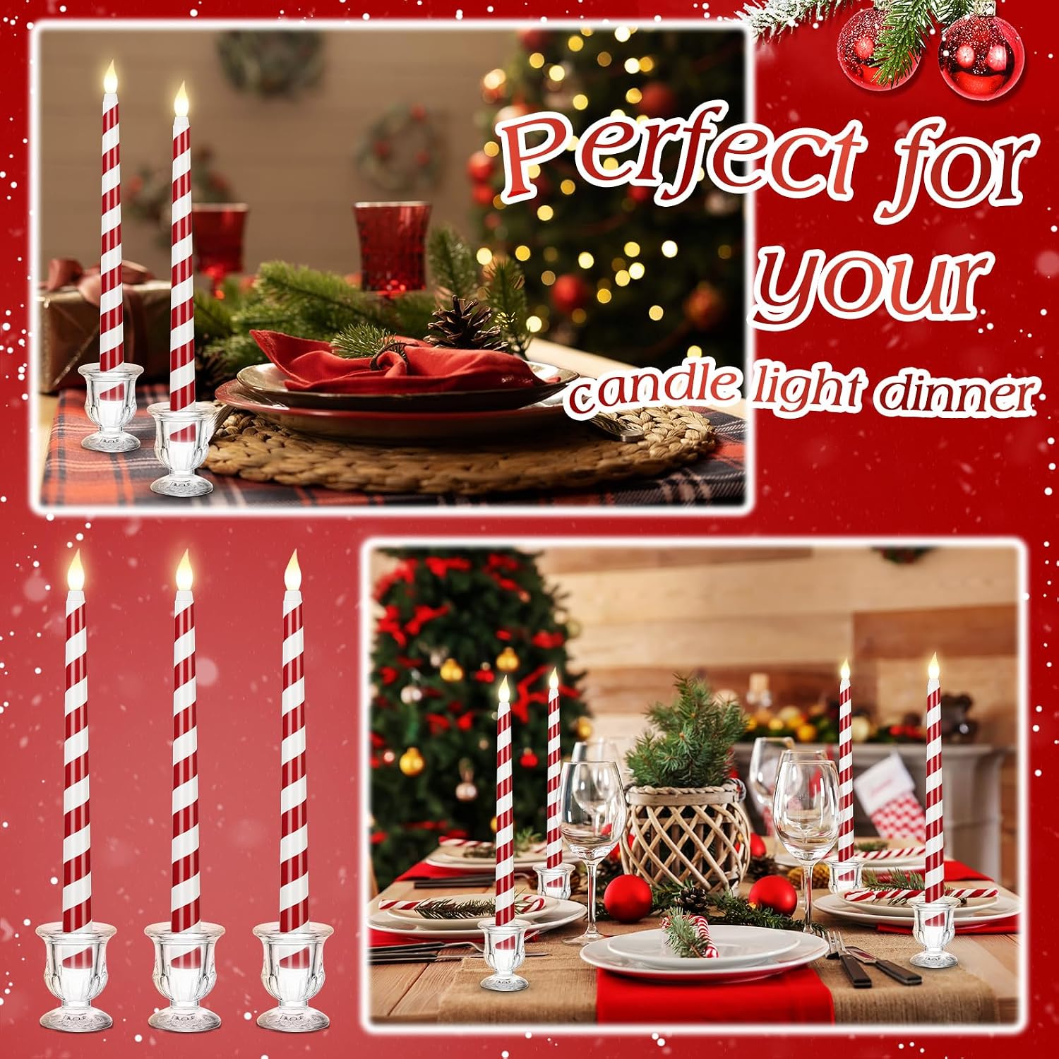 VIHOSE 8 Pcs 10 Inch Red and White Flameless Taper Candles with Remote & Timer Battery Operated Glitter Candles LED Christmas Candlesticks for Xmas Centerpiece Holiday Party Decor