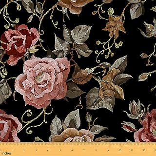 Erosebridal Retro Rose Fabrics by The Yard Floral Print Upholstery Fabric Boho Flowers Waterproof Fabric for Chairs Elegant Rustic Design Outdoor Indoor Decor,1 Yard