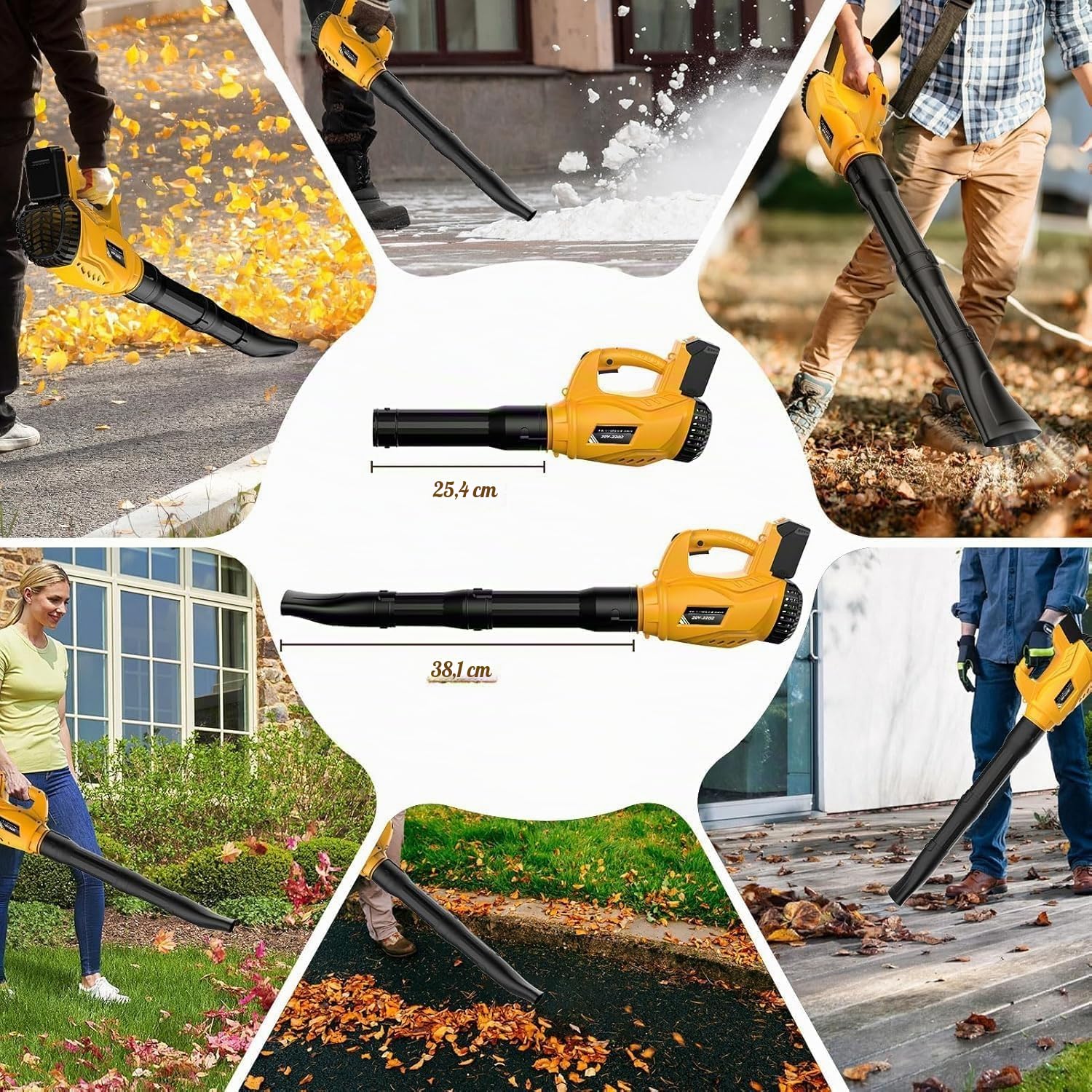 Soplador de Hojas Eléctrico Compatible con Dewalt 20 V, Batería de 300 km/h, 6 Velocidades Soplador de Aire Potente, Extraíble, Utilizado para Limpiar Hojas De Jardín, Nieve, Polvo (Amarillo)