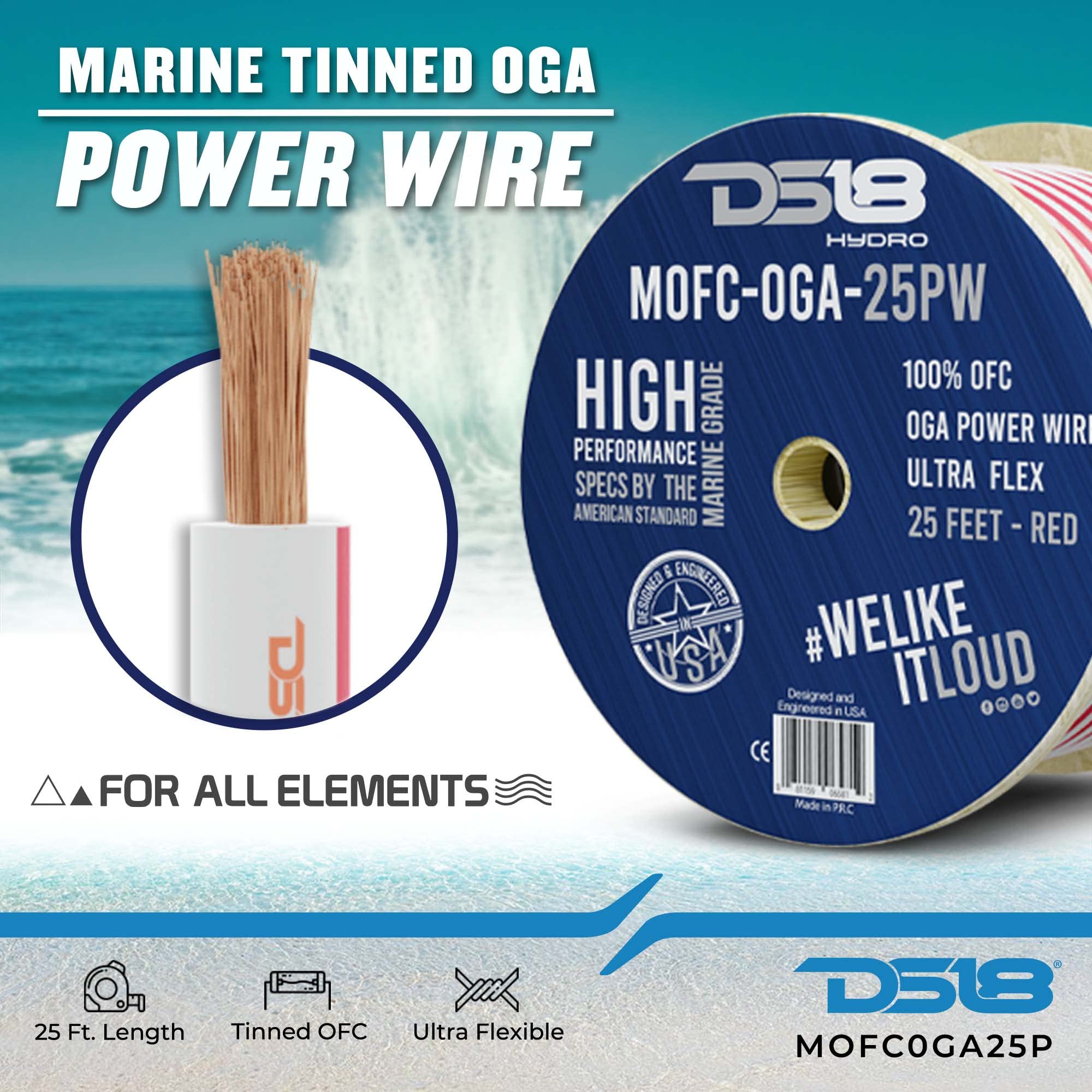 DS18 Hydro MOFC0GA25P Marine Wire 0 Gauge 25 ft Tinned 100% OFC Oxygen-Free Copper Marine Grade White/Red Amplifier Amp Power/Ground Cable 25 Feet UltraFlex