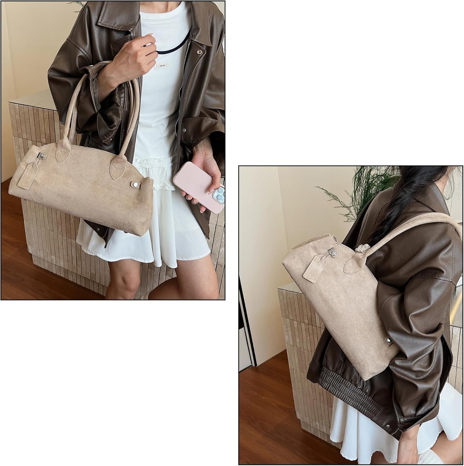 Faux Suede Bowler Bag for Women, East West Shoulder Purse, Soft Swing Bag with Strap, Suede Handbag, 2025 Small Tote Purse - Image 2