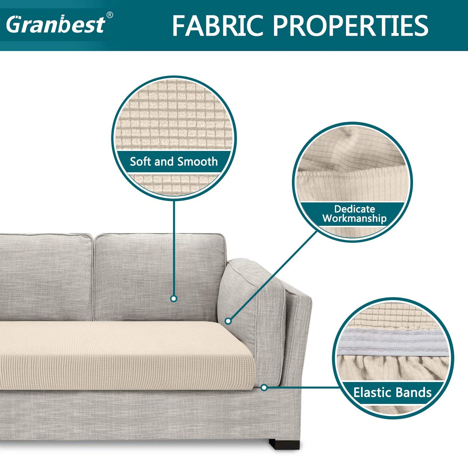 Granbest High Stretch Sofa Seat Cushion Cover Super Soft Couch Seat Cover Sofa Cushion Protector Jacquard Spandex Fabric with Elastic Bottom(3 Seater - Image 3