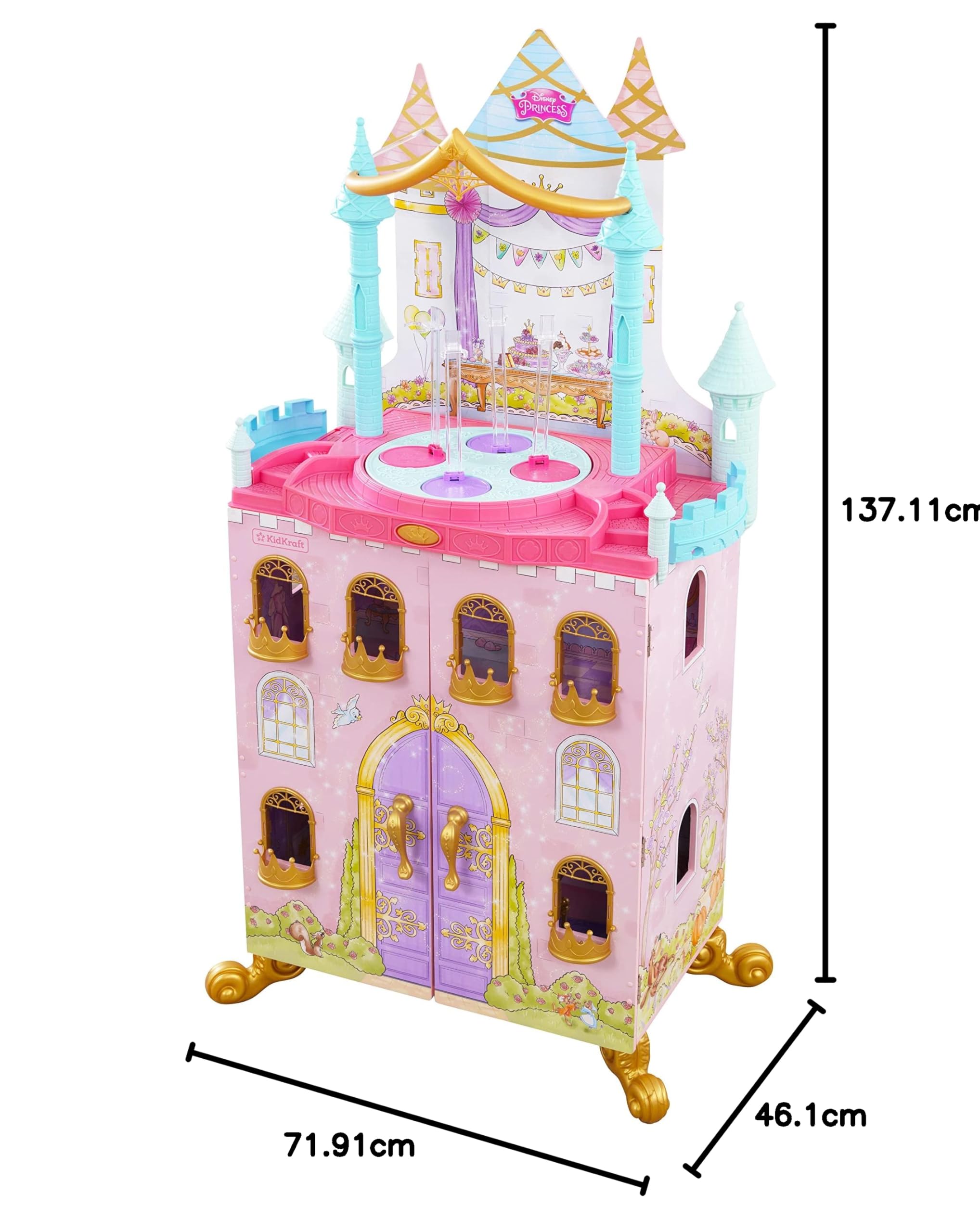 KidKraft Disney Księżniczki Dance & Dream domek dla lalek z drewna, zestaw do zabawy z muzyką i ruchomym parkietem dla lalek 30 cm, zabawka dla dzieci od 3 lat, 10276