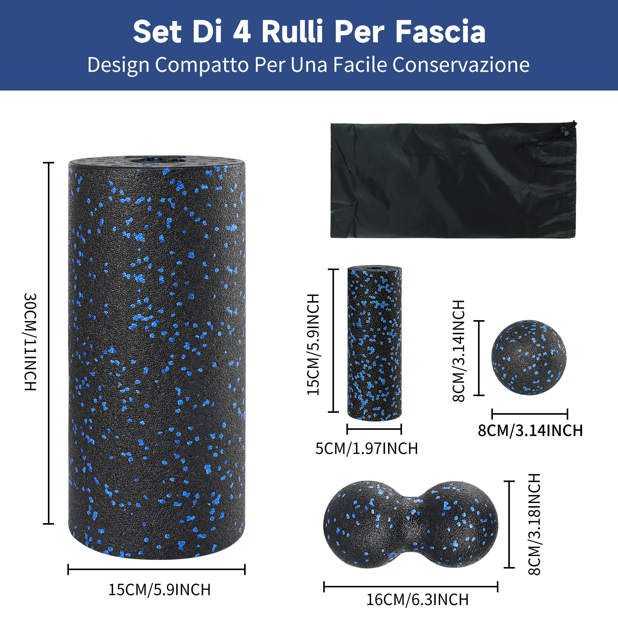 YC Kitchen Foam Roller Set di 4, Rilassamento Muscolare | Pezzi con Rulli Grandi e Piccoli, Doppia Palla Massaggio e Palla Singola,Borsa Trasporto Inclusa