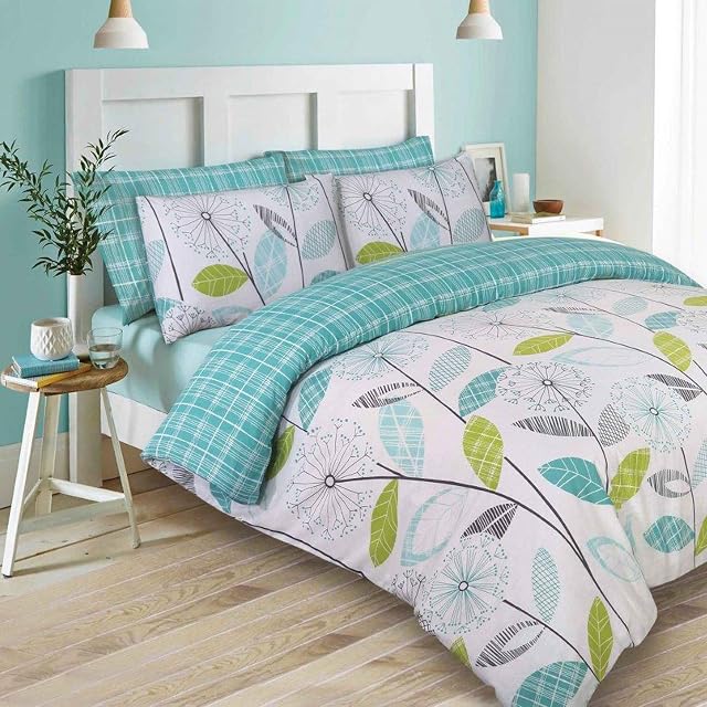 Dreamscene Allium Floral Autumn Checkered Tartan Natural Duvet Set Matching Pillowcase, White and Teal, Single