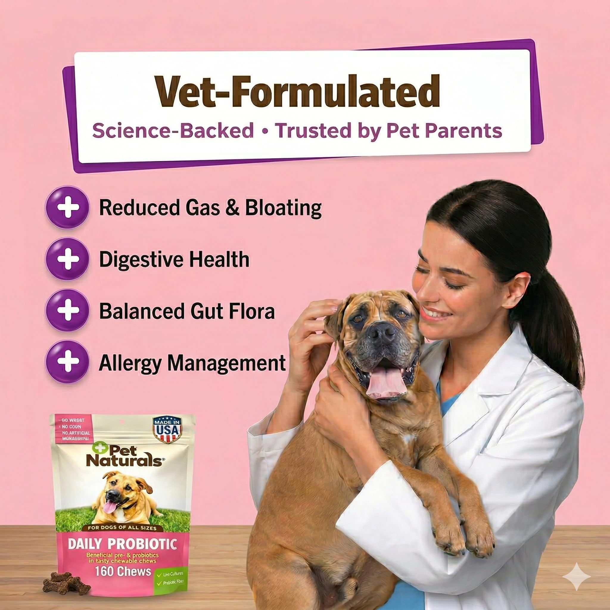 Pet Naturals Probiotiques Quotidiens pour Chiens, saveur Canard, 160 friandises à mâcher – 120 M UFC pré-et probiotiques pour la santé Digestive, la santé intestinale, Le Soutien immunitaire, la