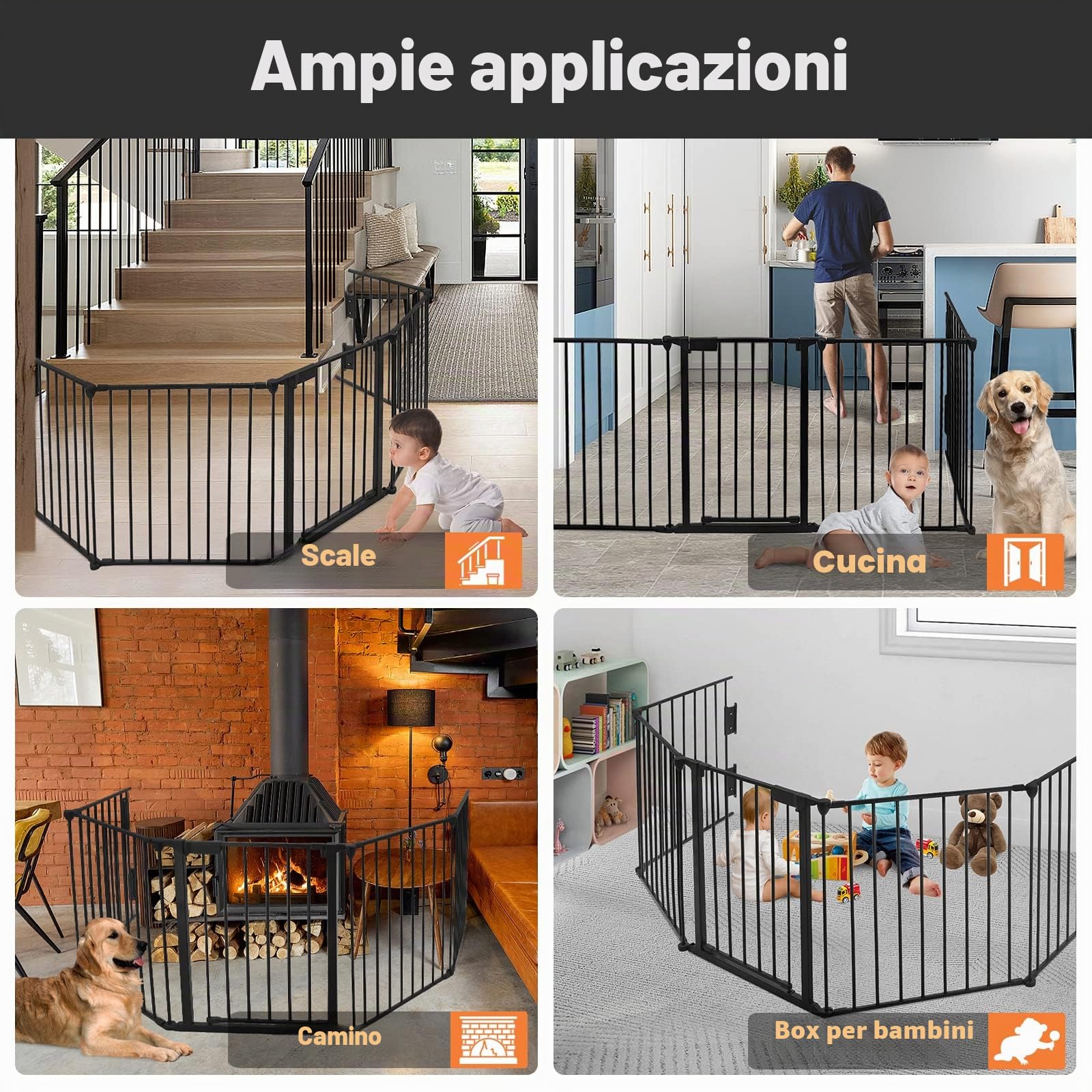 UISEBRT Cancelletto di Protezione per Camino, Sicurezza Barriera Protettiva Pieghevole per Bambini, Cani, Animali, Stufa, 300 x 75 cm, 4 pezzi, Nero