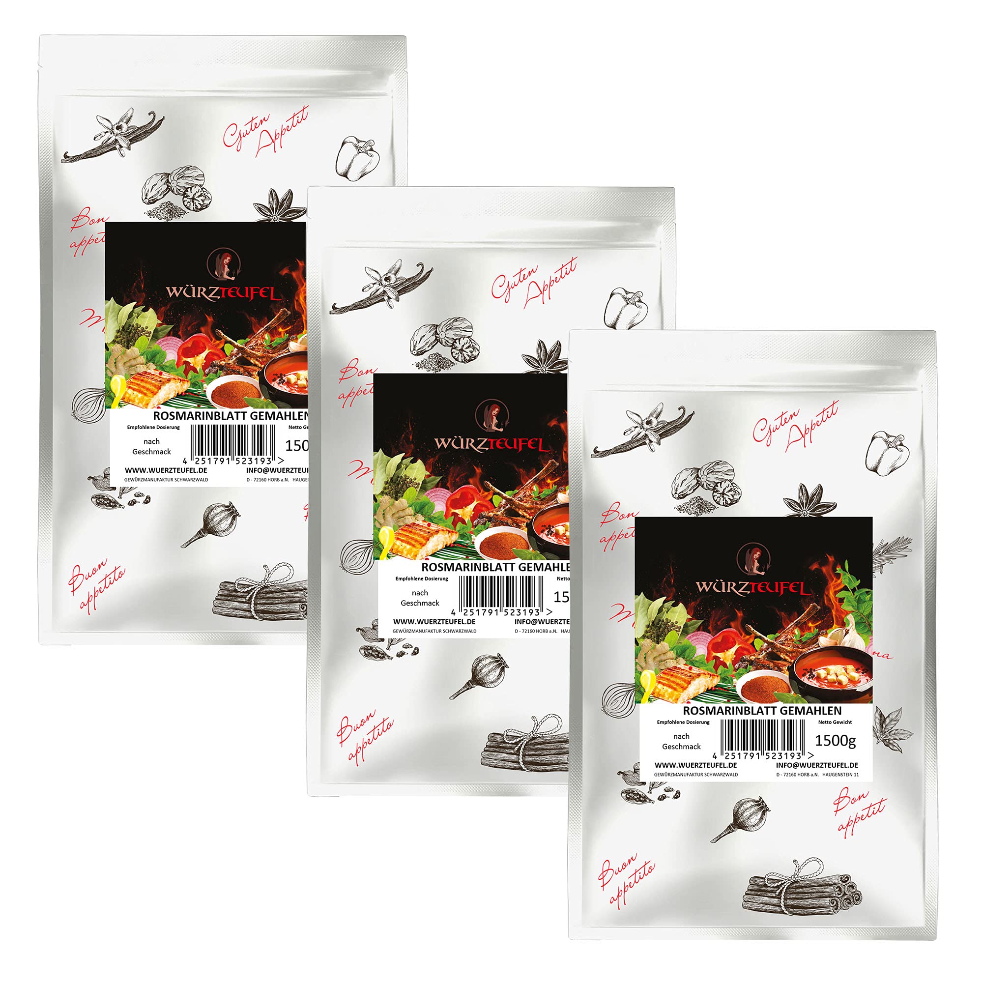 romero molido, hojas de romero reducidas de germen y molidas finamente de Grecia. 3 PL – Bolsa de 1500 g (4,5 kg).