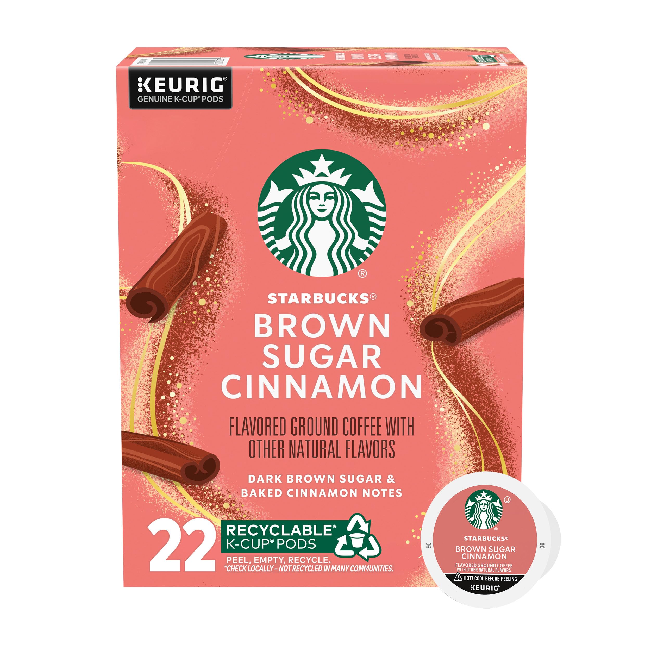 Starbucks K-Cup Coffee Pods, Flavored Hot or Iced Coffee, Brown Sugar Cinnamon, 22 Keurig Pods