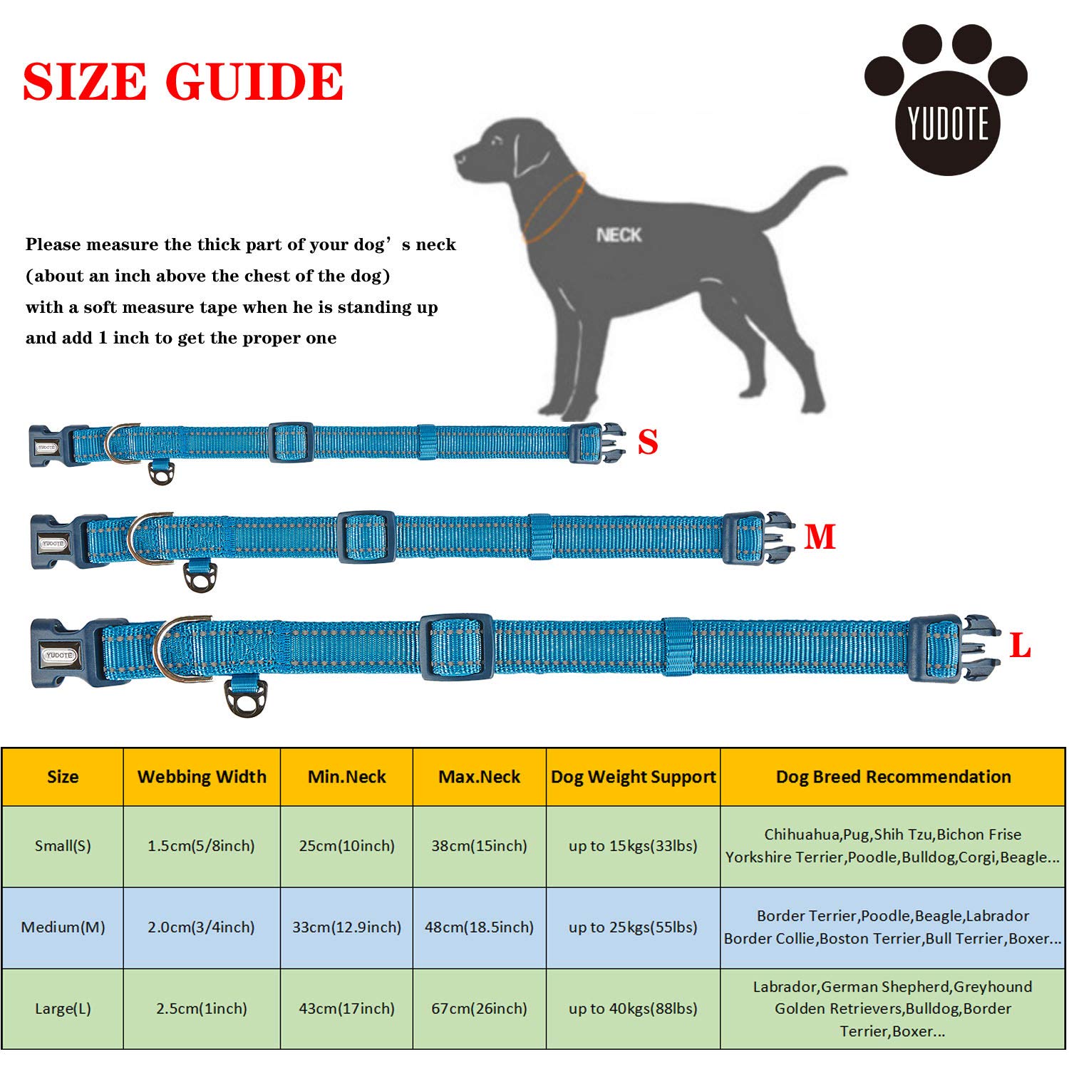 YUDOTE Collare per cani medio e resistente tessuto in nylon riflettente con fodera imbottita in neoprene morbido e confortevole per cani di medio Uso quotidiano,Blu Reale