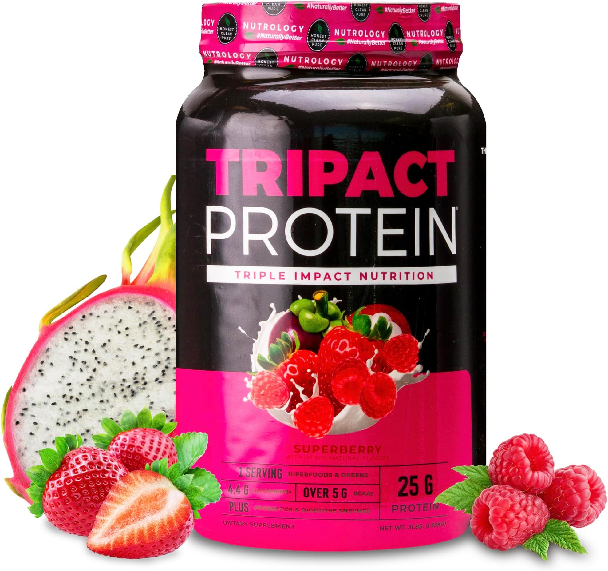 TRIPACT Protein Powder - 7-in-1 Meal Replacement Shake with Grass Fed Whey Protein Powder, Pea, Rice, Greens for Muscle Recovery & Immunity, Superberry Flavor, 40 Servings