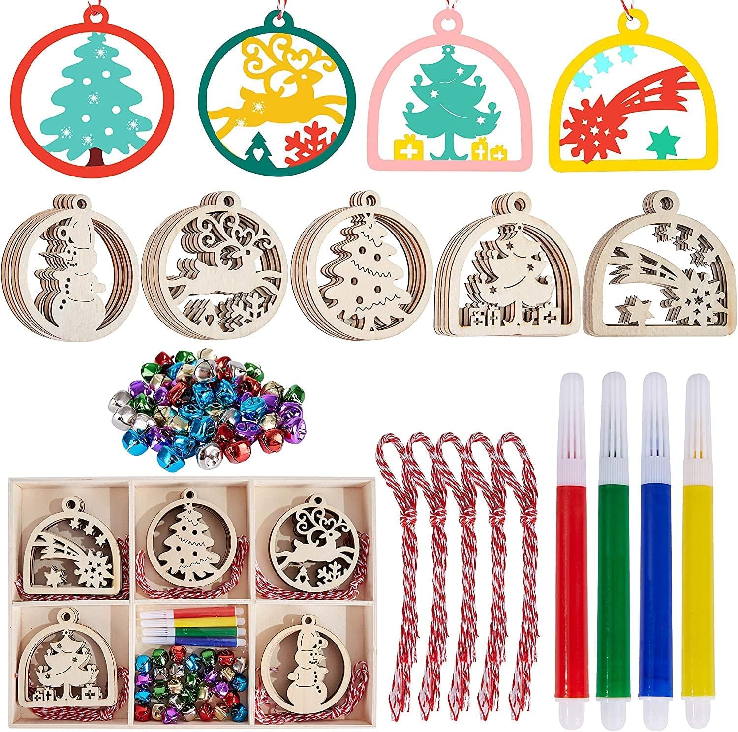 25pcs Wooden Christmas Hanging Ornaments,5 Styles Unfinished Wood Slices with Holes for Kids DIY Crafts Painting Holiday Hanging Decorations