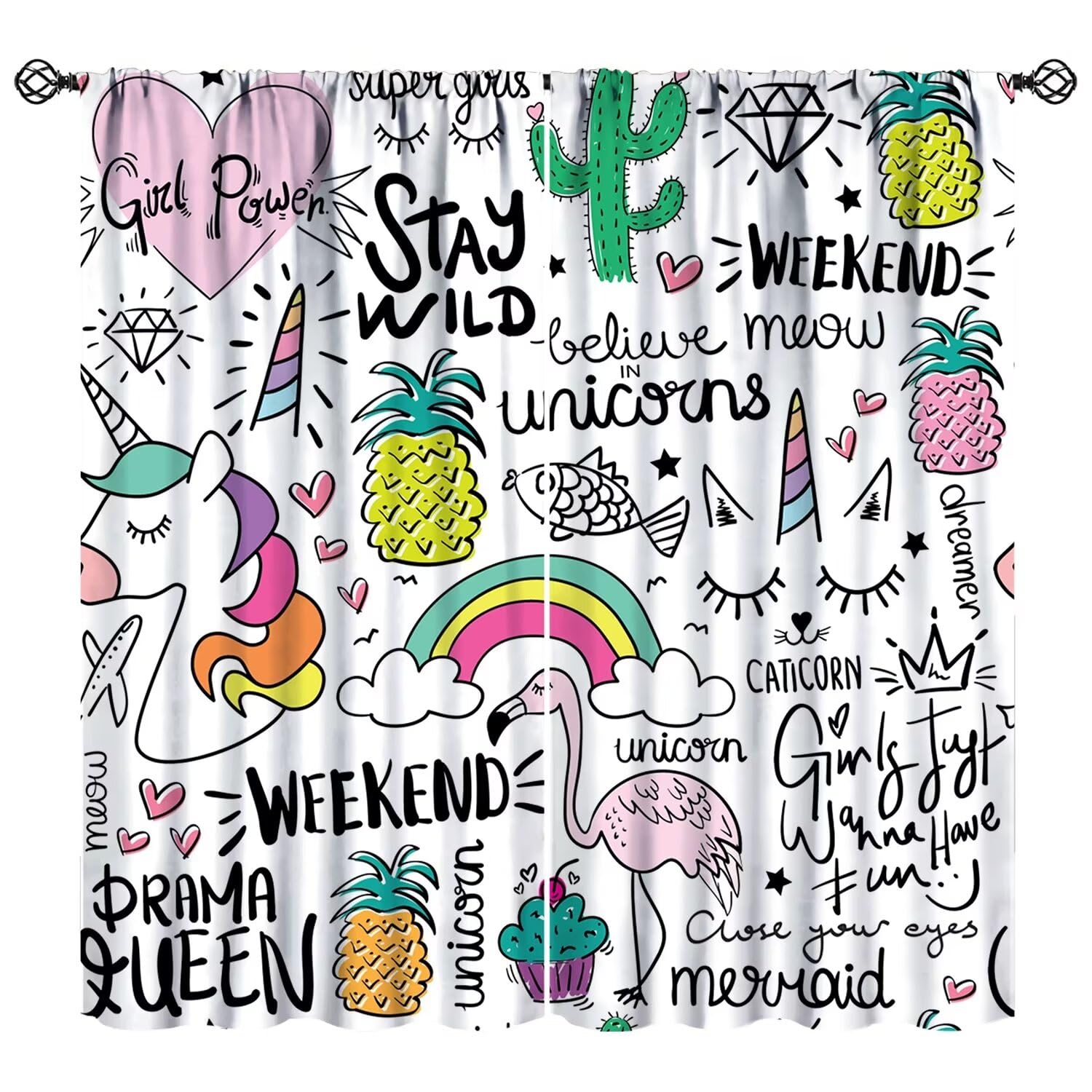 JESTRONRY Kids Unicorn Window Curtains, Cute Flamingo Pineapple Cactus Rainbow Thermal Drapes Window Treatments for Girl Bedroom 55x63 Inch Blackout