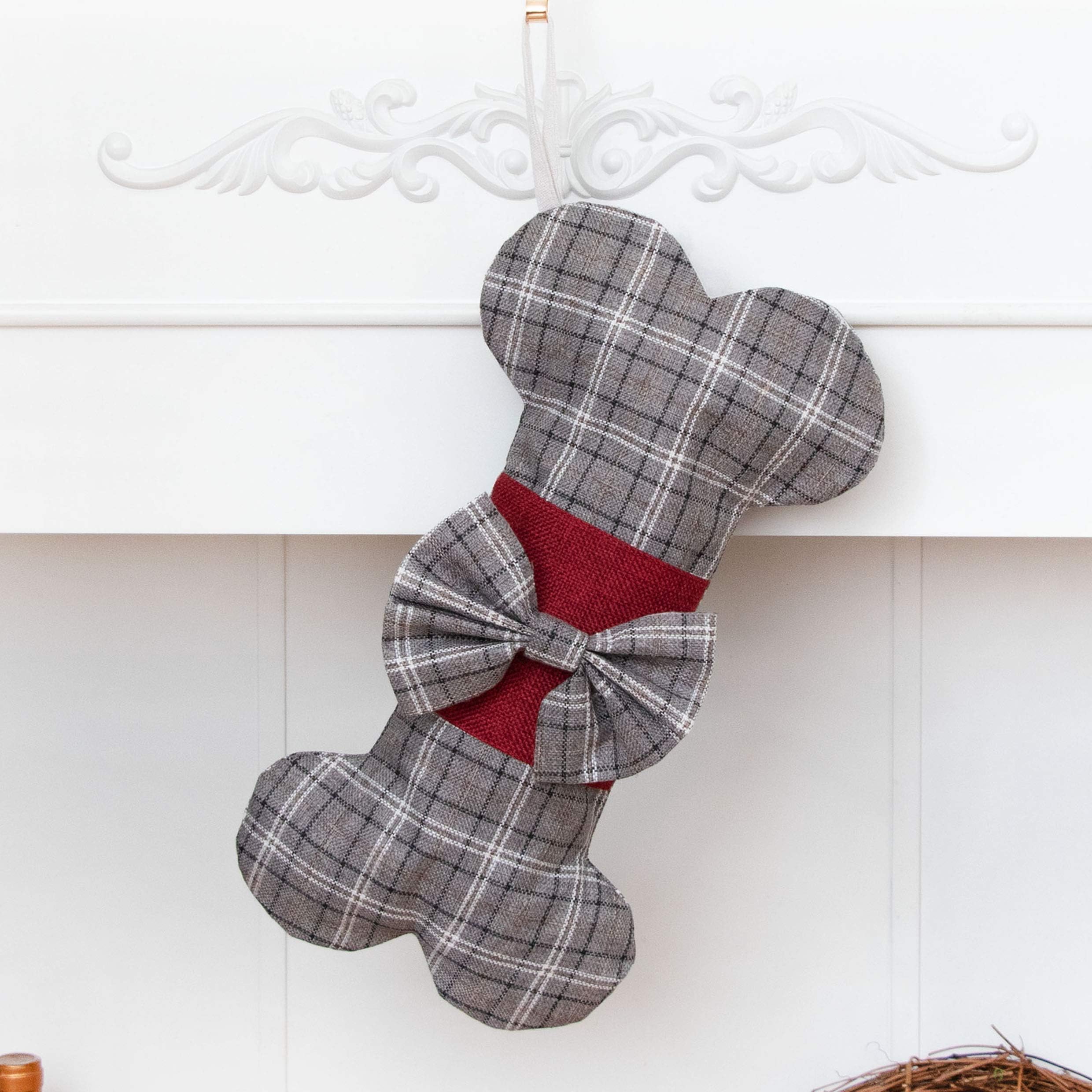 JEKOSENDog Bone Christmas Stockings for Pet Plaid Linen Xmas Stocking for Home Decor Fireplace Hanging Christmas Ornaments for Farmhouse, Rustic, Country Decoration (Gray)