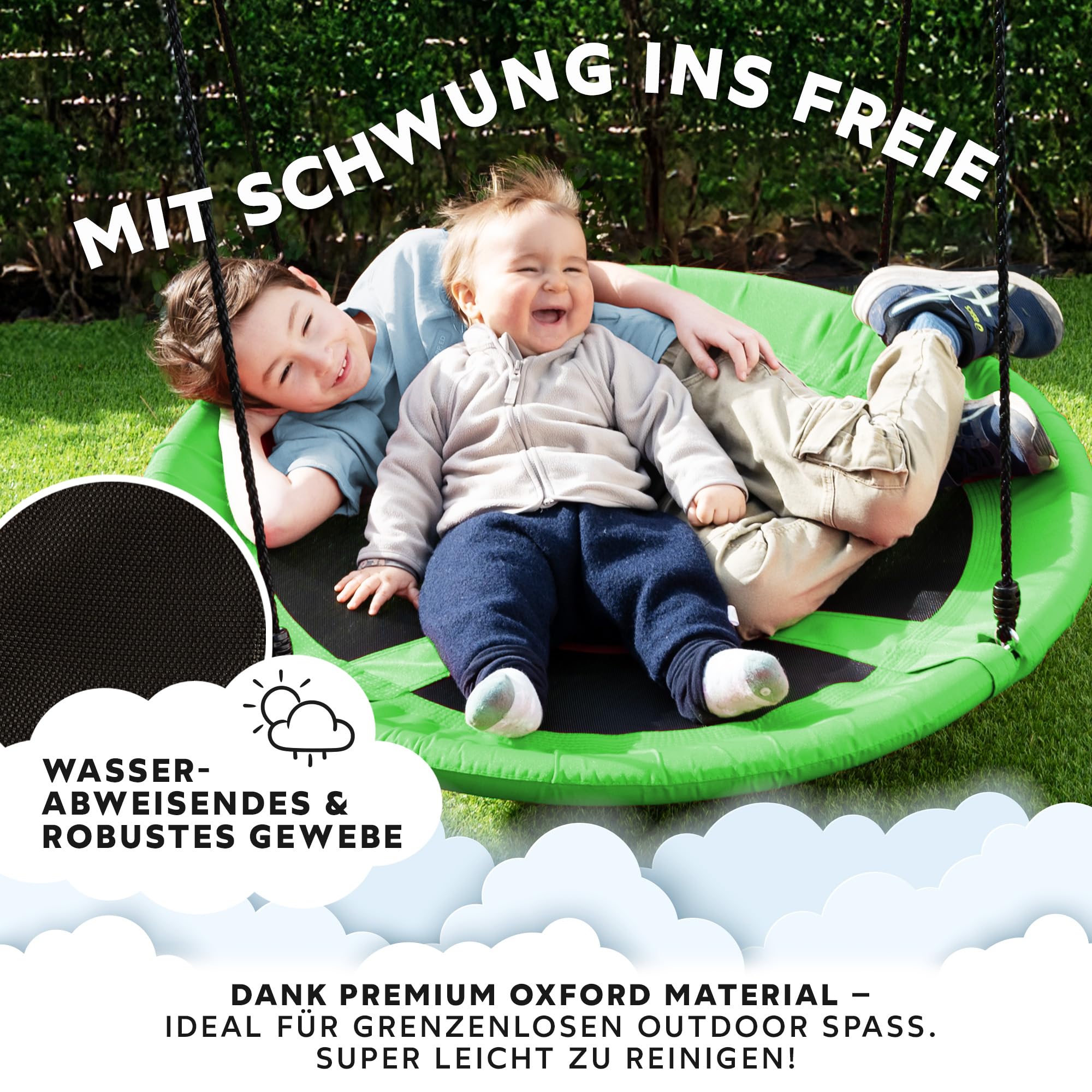 GO!elements Nestschaukel Outdoor | Kinderschaukel oder Gartenschaukel | Höhenverstellbare Schaukel für Kinder & Erwachsene (Familienschaukel) bis 150 KG belastbar | Größe: ø 100cm, Farbe: Grün