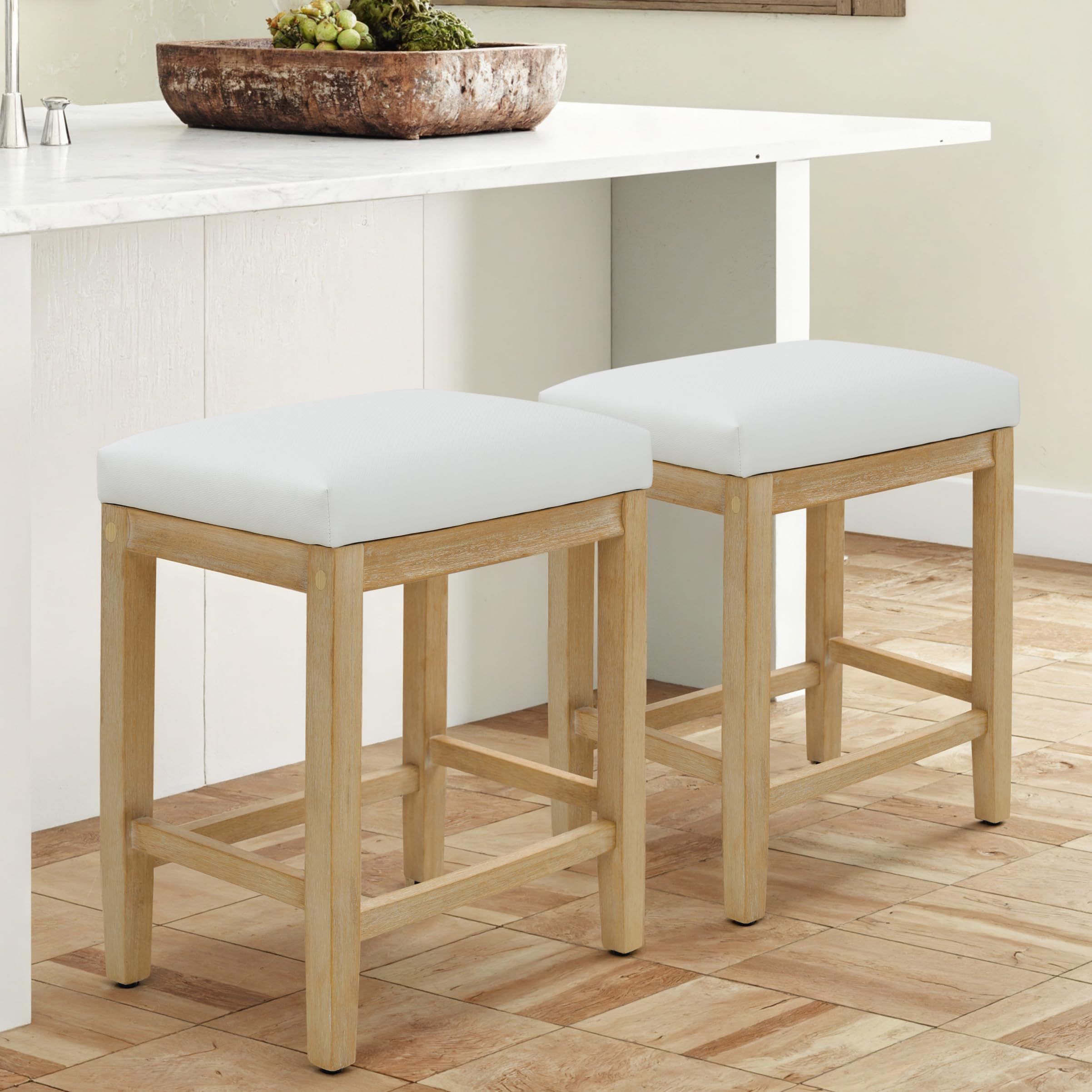 RNKSFX Counter Height White Bar Stools Set of 2 for Kitchen Counter Farmhouse Modern Barstools with Faux Leather Upholstered Backless Seat and Solid