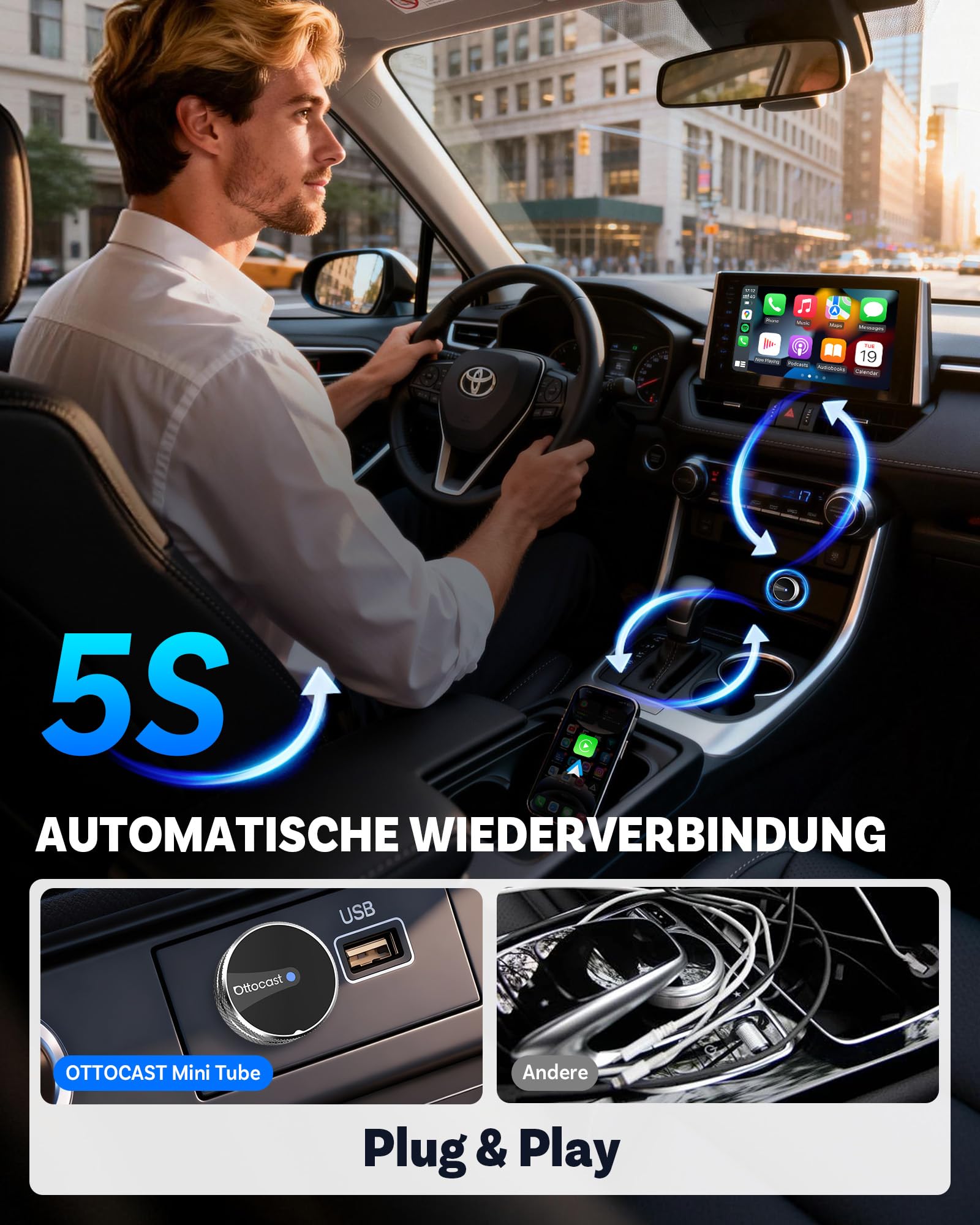OTTOCAST Mini Tube 2026, Kabelloser CarPlay & Android Auto Adapter für iOS 10+/Android 11+, 5-8s Verbindung, USB-A/Type-C, OTA-Update, Kompatibel mit 99% Fahrzeugen ab 2016 (Nicht für BMW/Tesla)