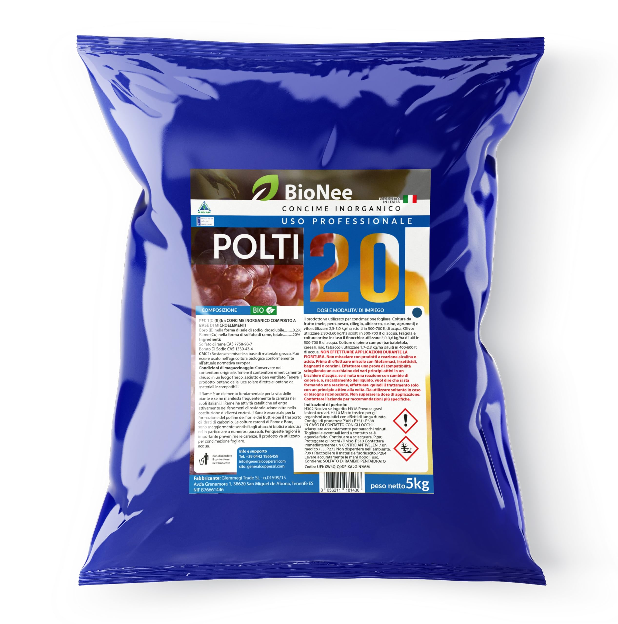 Poltiglia Bordolese Rameica - POLTI 20 | Concime Inorganico a Base di Solfato di Rame | Supporto Nutrizionale per Piante e Colture (5 kg)