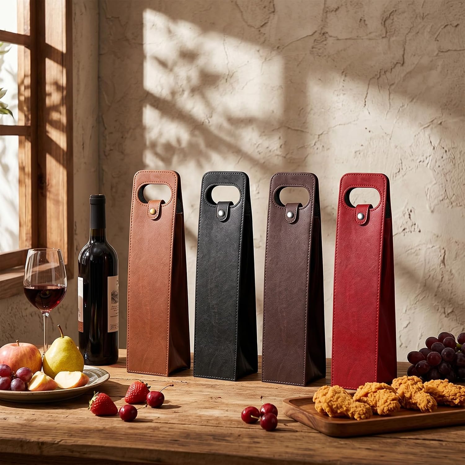 4 Pcs Reusable Leather Wine Bag Set, Champagne Bottle Gift Bags Leather Tote Carrier, Single Bottle Wine Gift Bag for Birthday Wedding Christmas Party, Brown Black Red Wood image 4
