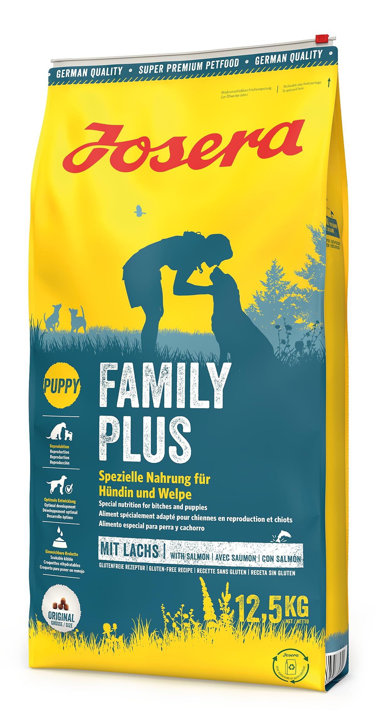 JOSERA Family Plus (1 x 12,5 kg) | Puppy | Comida Seca Premium para Perras y Cachorros preñadores/Lactantes | salmón y Aves de Corral | Suministro óptimo con Enegie y L-carnitina | Sin Trigo | 1