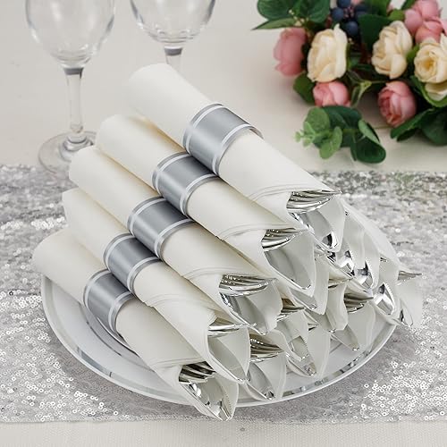 Miniatura 5 de Juego de servilletas preenrolladas y cubiertos plateados, 30 paquetes de cubiertos de plástico desechables plateados resistentes que incluyen 30