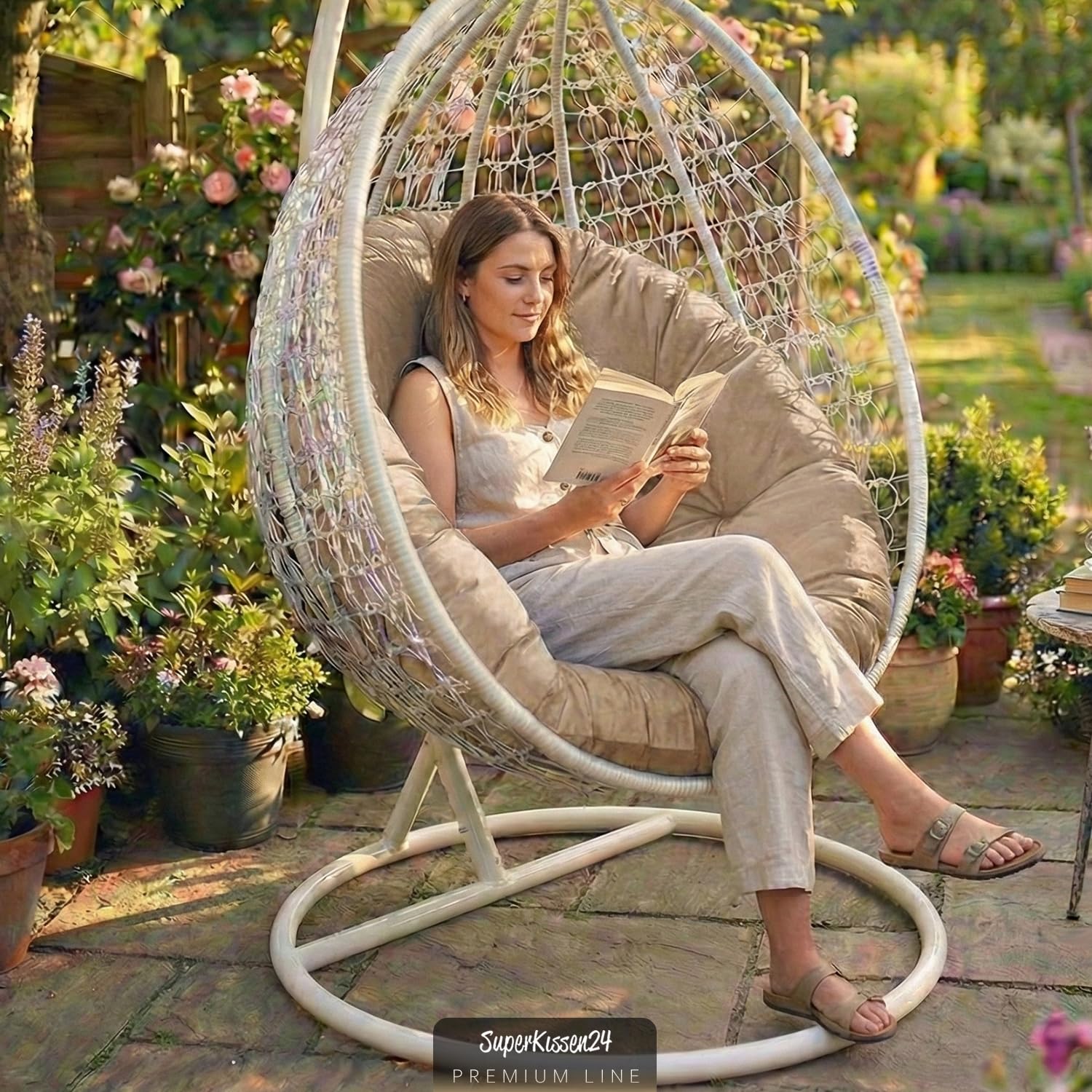 SuperKissen24. Coussin de Fauteuil Suspendu - Coussin Fauteuil Jardin - Oreillers de Oeuf Suspendu - Coussin Rond - Oreiller Moelleux - Beige
